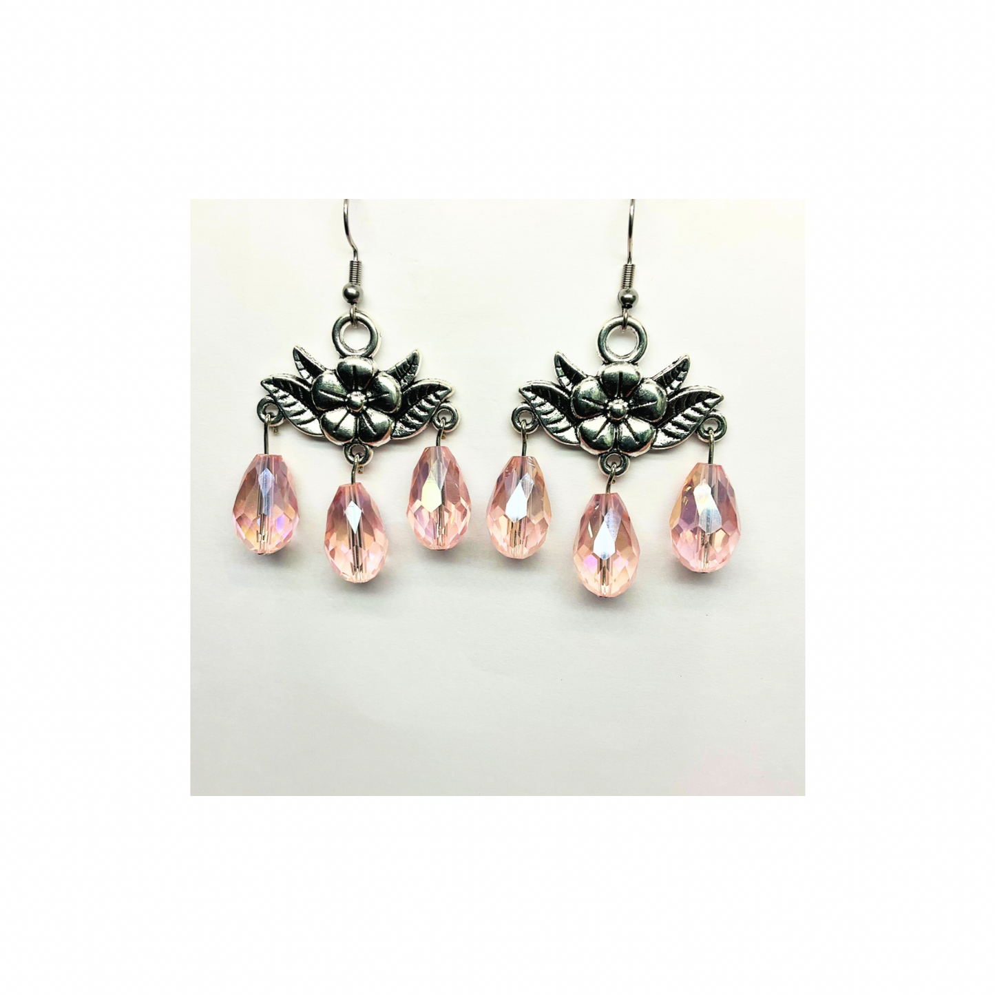 Crystal Chandelier Collection Large Bead Dangle Earrings with Pink Teardrop Design and Detailed Charms