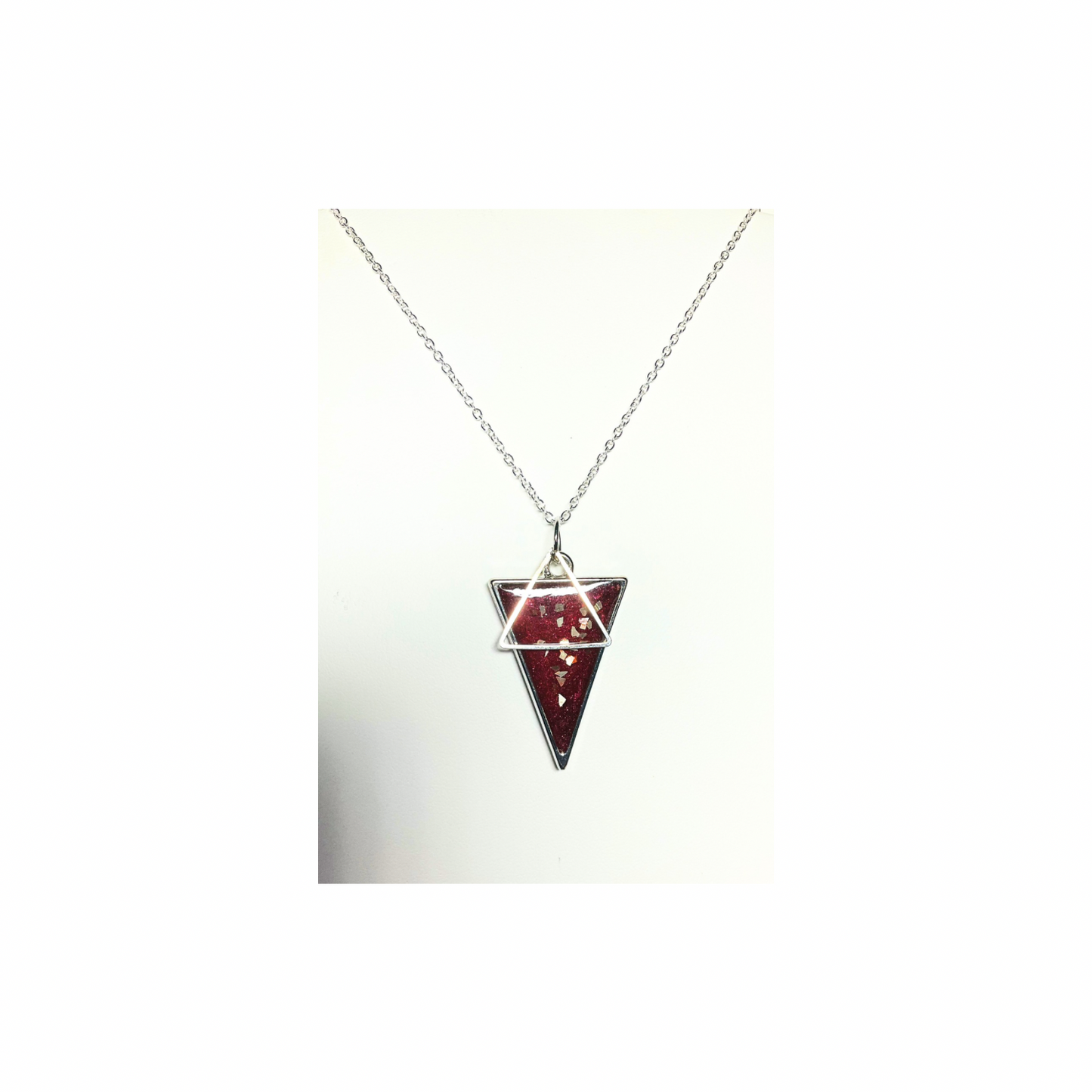 Deep Red and Silver Triangle Necklace with 18-inch Silver Chain Elegant Jewelry Accessory