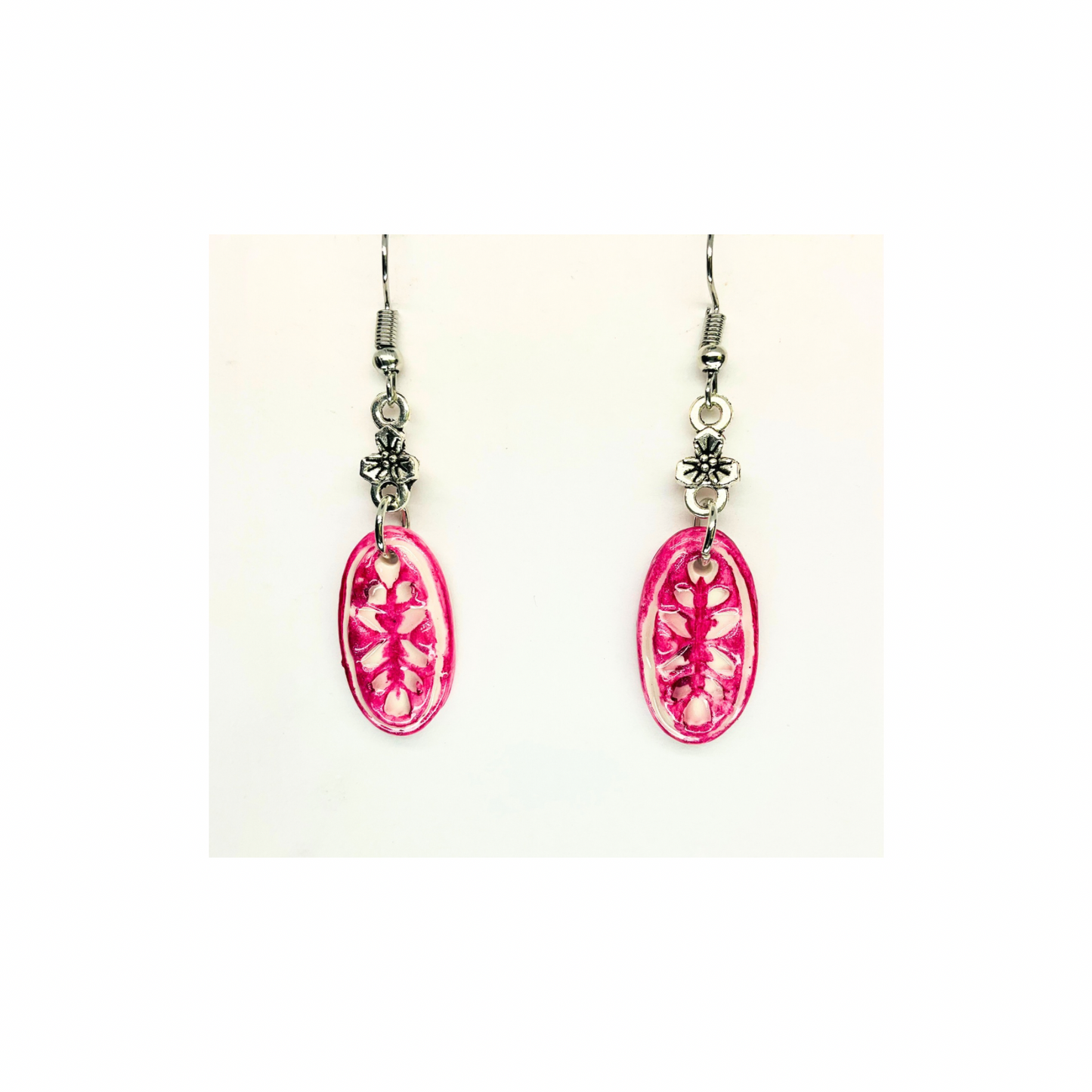 French Garden Collection Pink Oval with Silver Flower Dangle Earring for Women