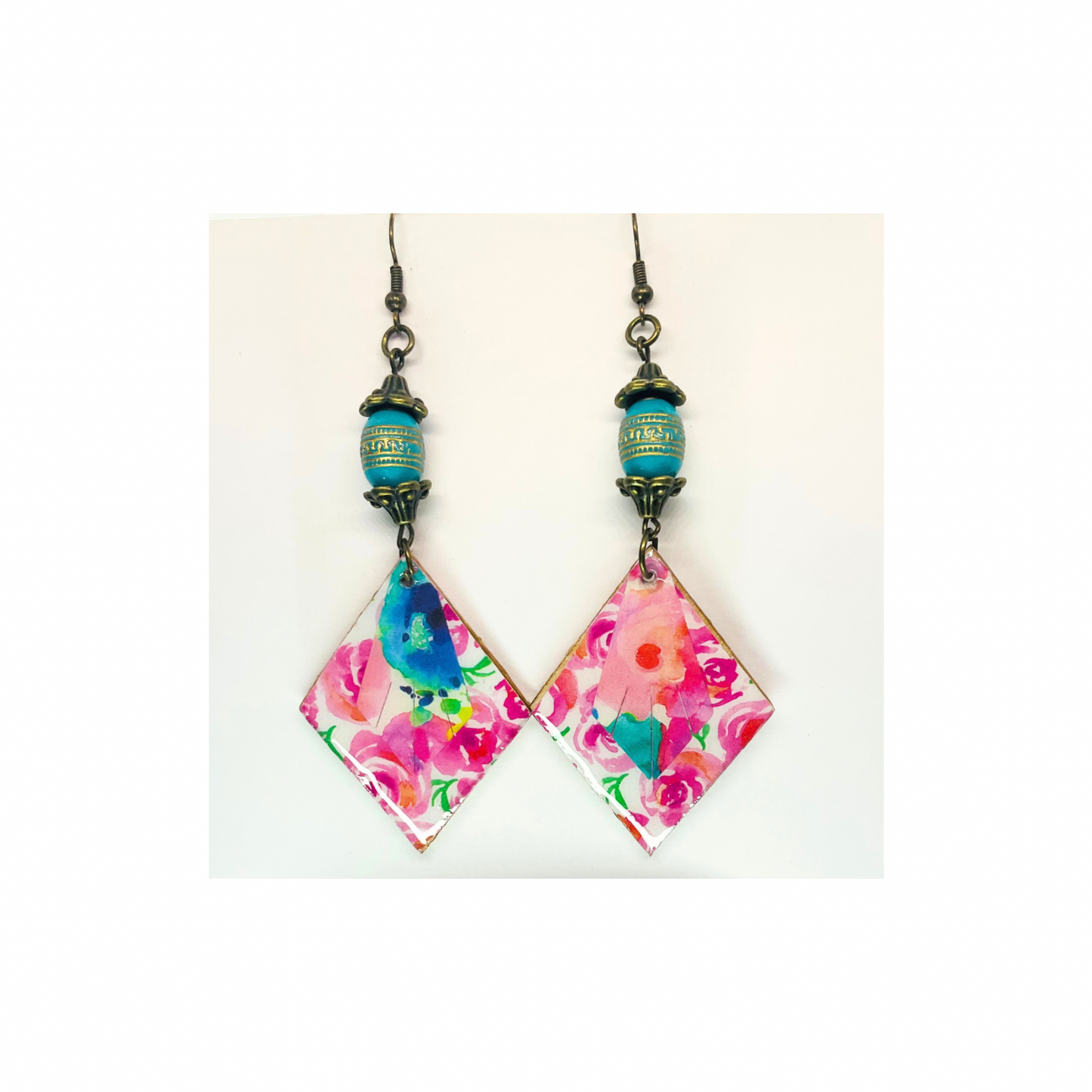 Boho Wood Floral Dangle Earring Handcrafted Turquoise Bead & Wooden Diamond Shape Earrings