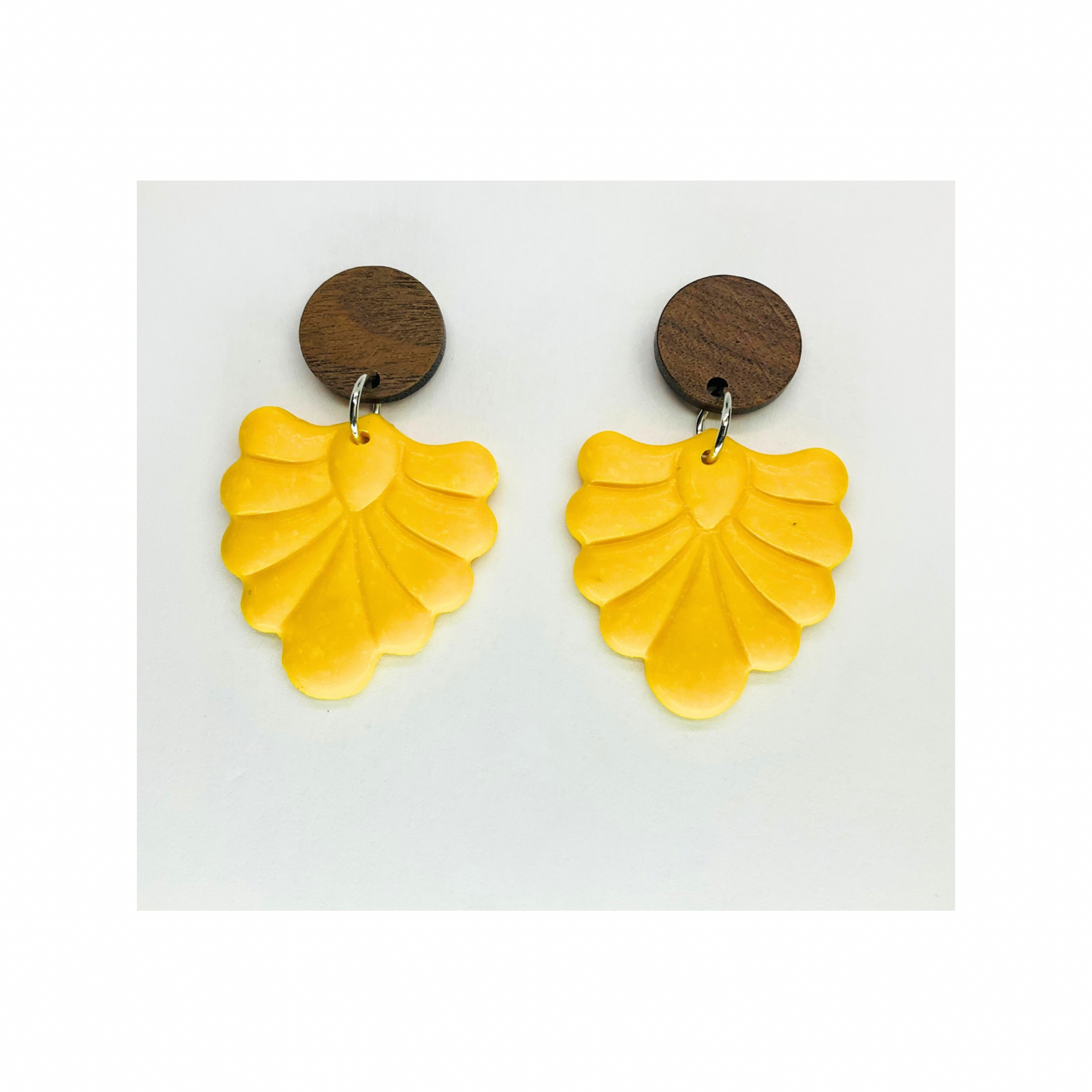 Fall Collection Yellow Dangle Earrings with Wood Button Studs Unique Design Fashion Accessory