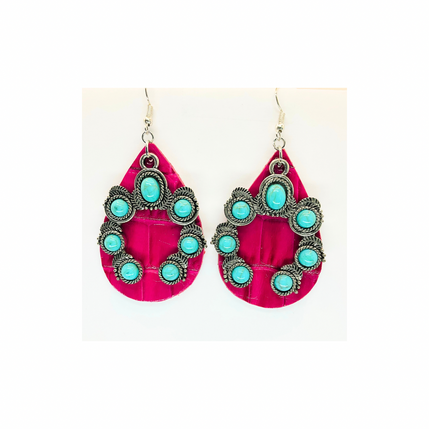 Hot Pink Leather Teardrop with Horseshoe Turquoise Shaped Charm Earrings-Crafting By BB