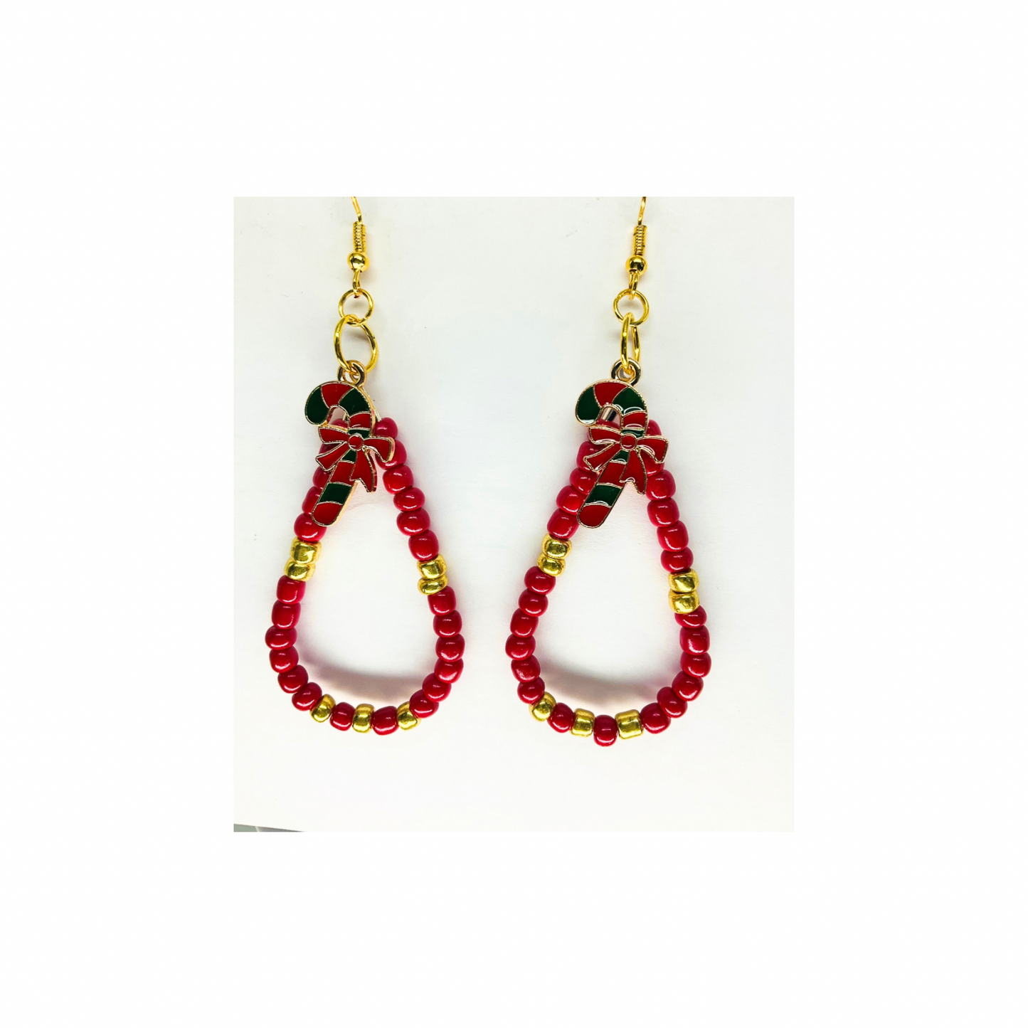 Teardrop Red and Gold Beaded Dangle with Candy Cane Charm Earrings