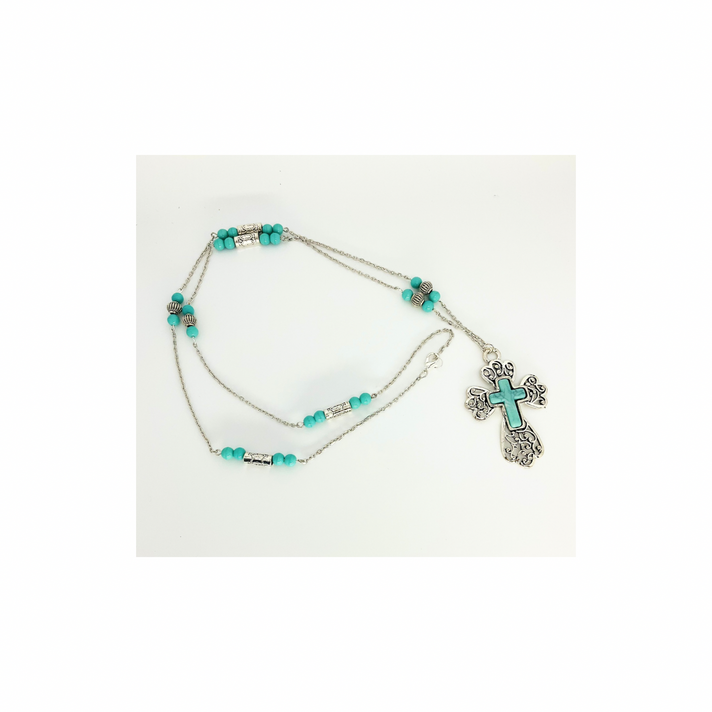 Long Turquoise and Silver Cross Necklace|Drop Length 18-inch|Crafting By BB