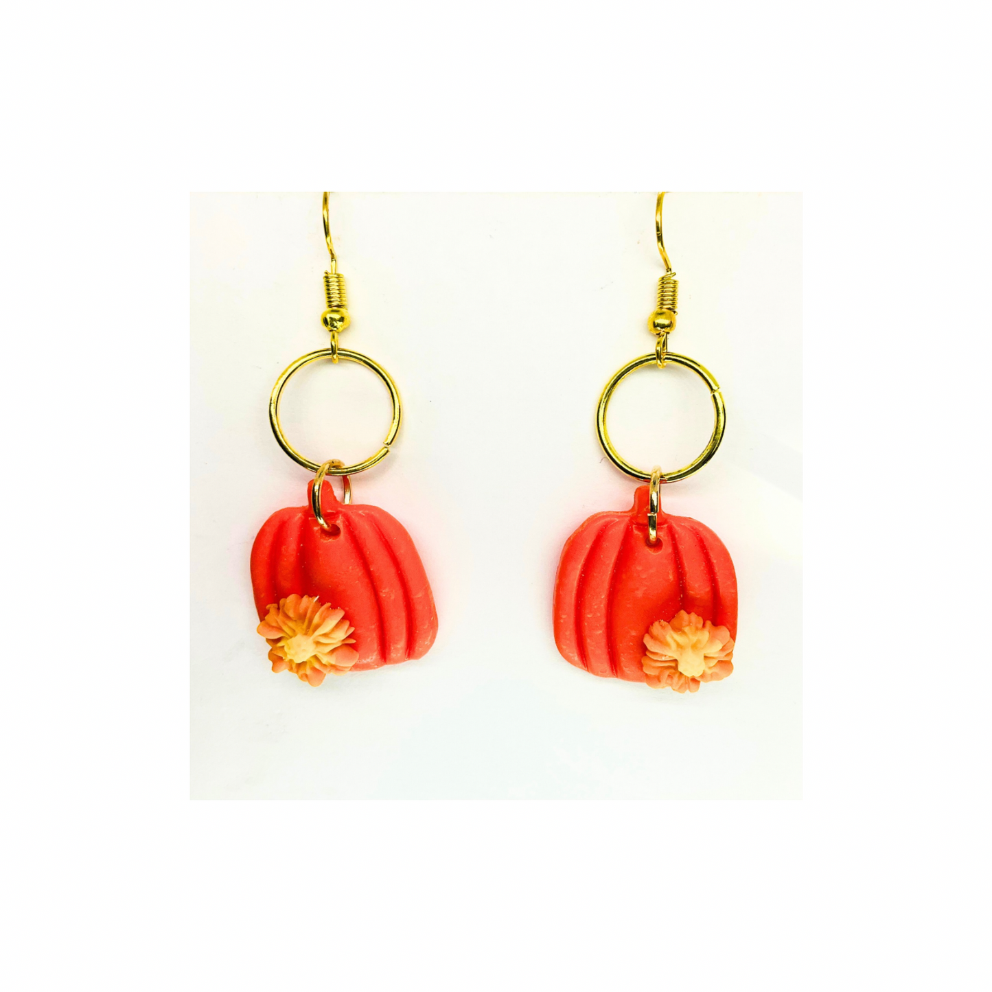 Fall Collection Orange Pumpkin with Small Flower and Circle Gold Dangle Earring - Unique Design Jewelry Accessory