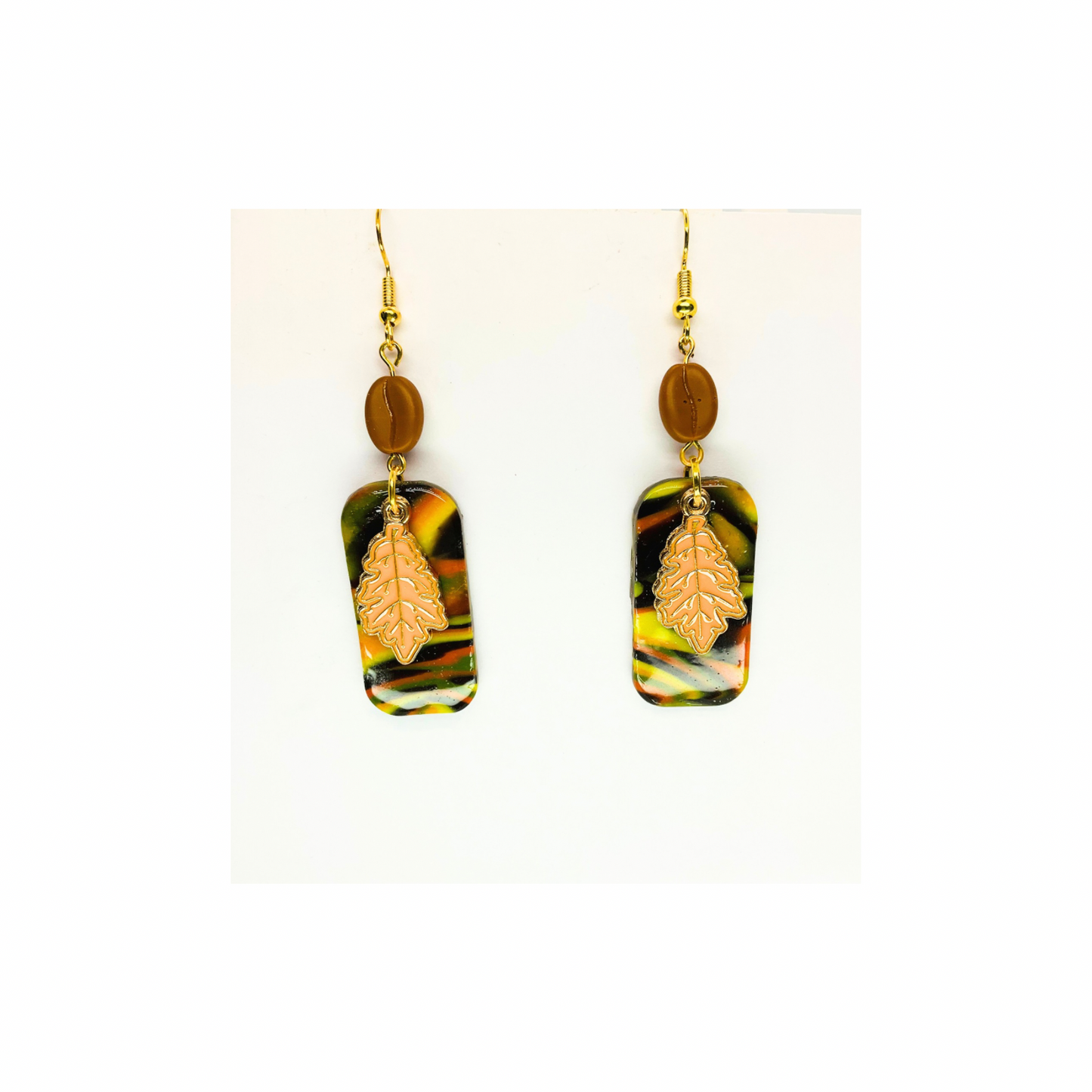 Fall Collection Rectangle with Yellow Gold Leaf Charm Dangle Earring - Unique Design Earrings