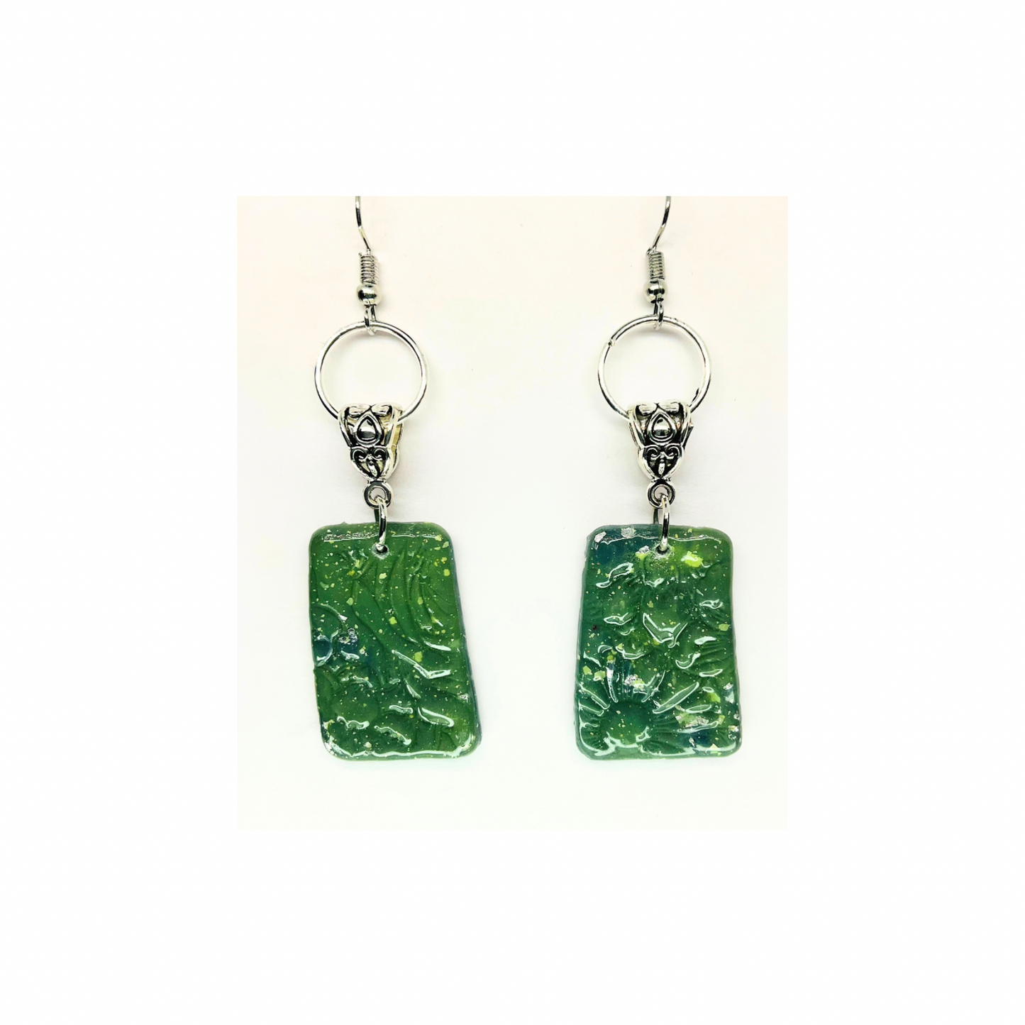 Jade Green Color with Silver Circle Dangle Earring - Simple Design Earrings Featuring a Rectangular Shape and Silver Circle Accent