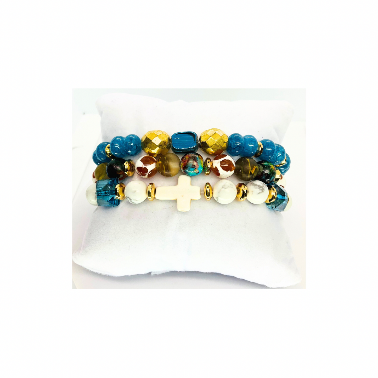 Cerulean Blue Beaded Stretch Bracelet Set of Three