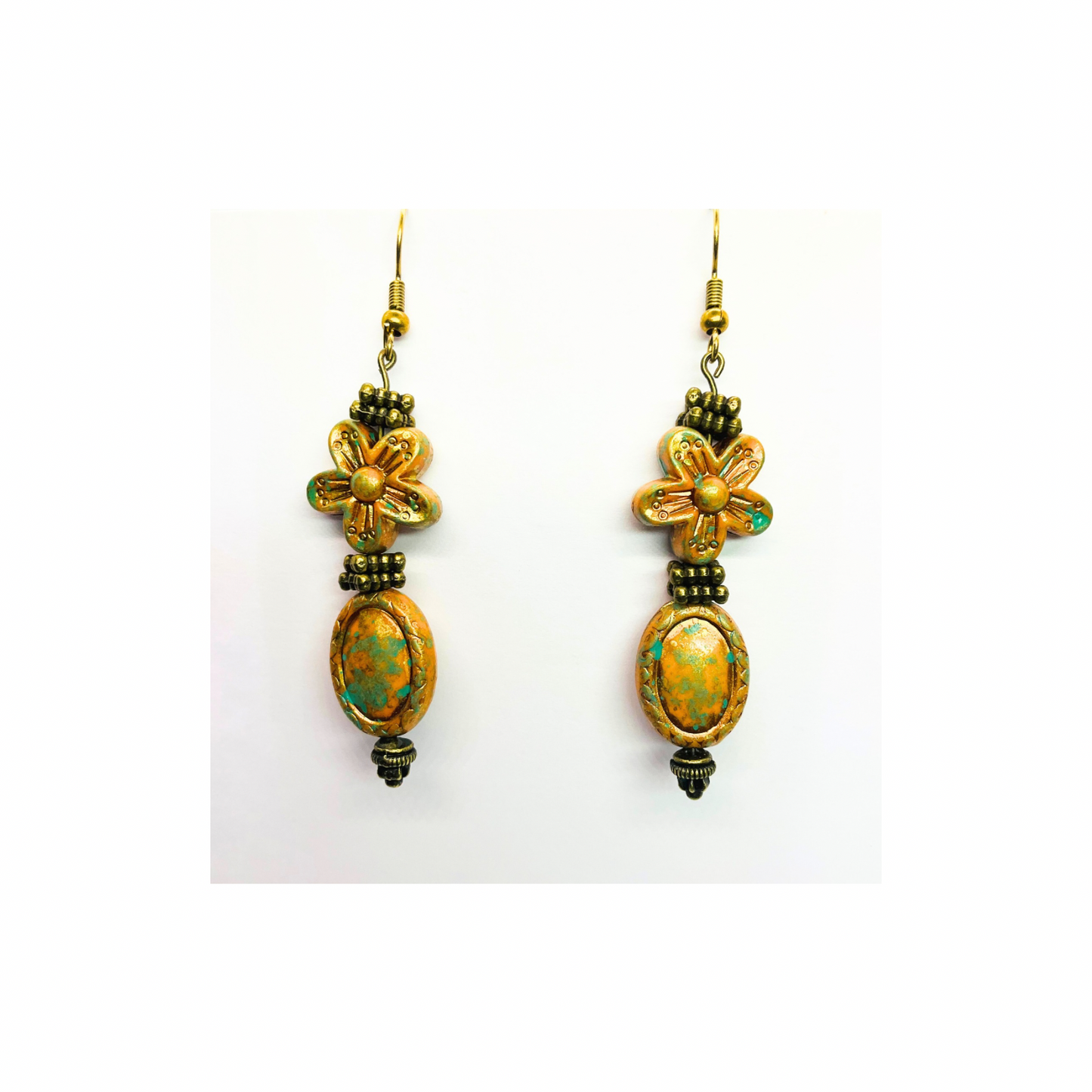 Gold Patina Czech Acrylic Blossom Beaded Earrings