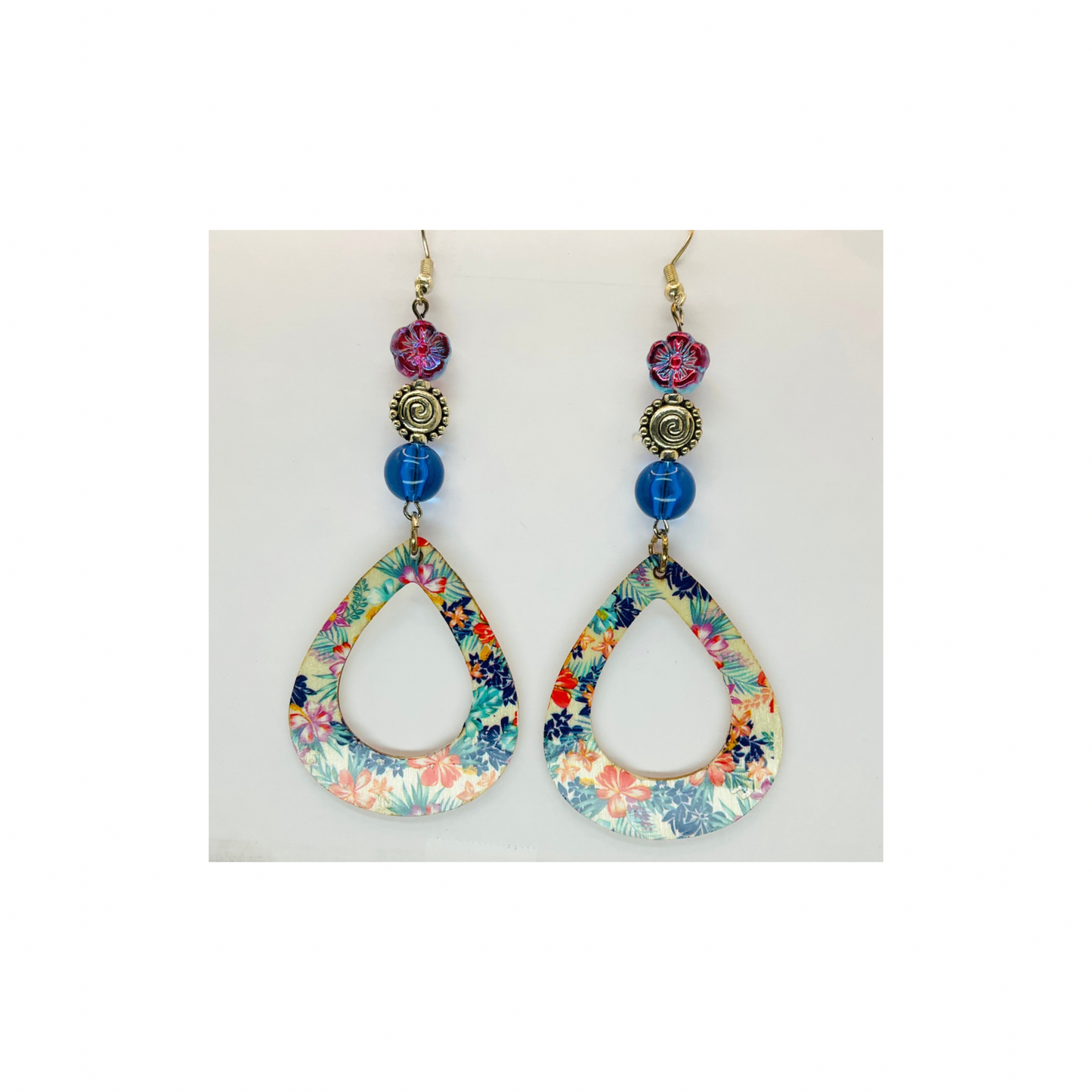 Wood Teardrop Floral Dangle with Bead Earrings-Crafting By BB