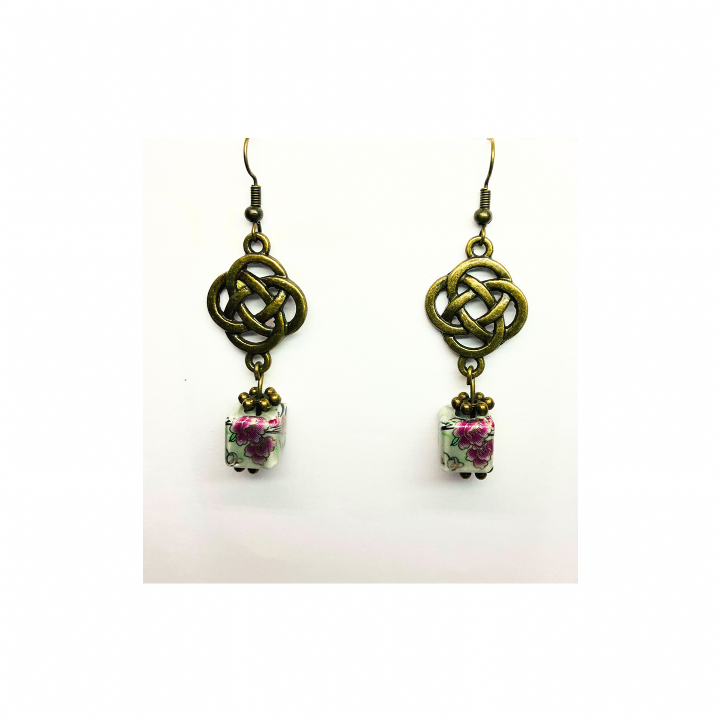 Porcelain Bead Collection Square Bead Dangle Earrings with Floral Design for Female Jewelry Accessories