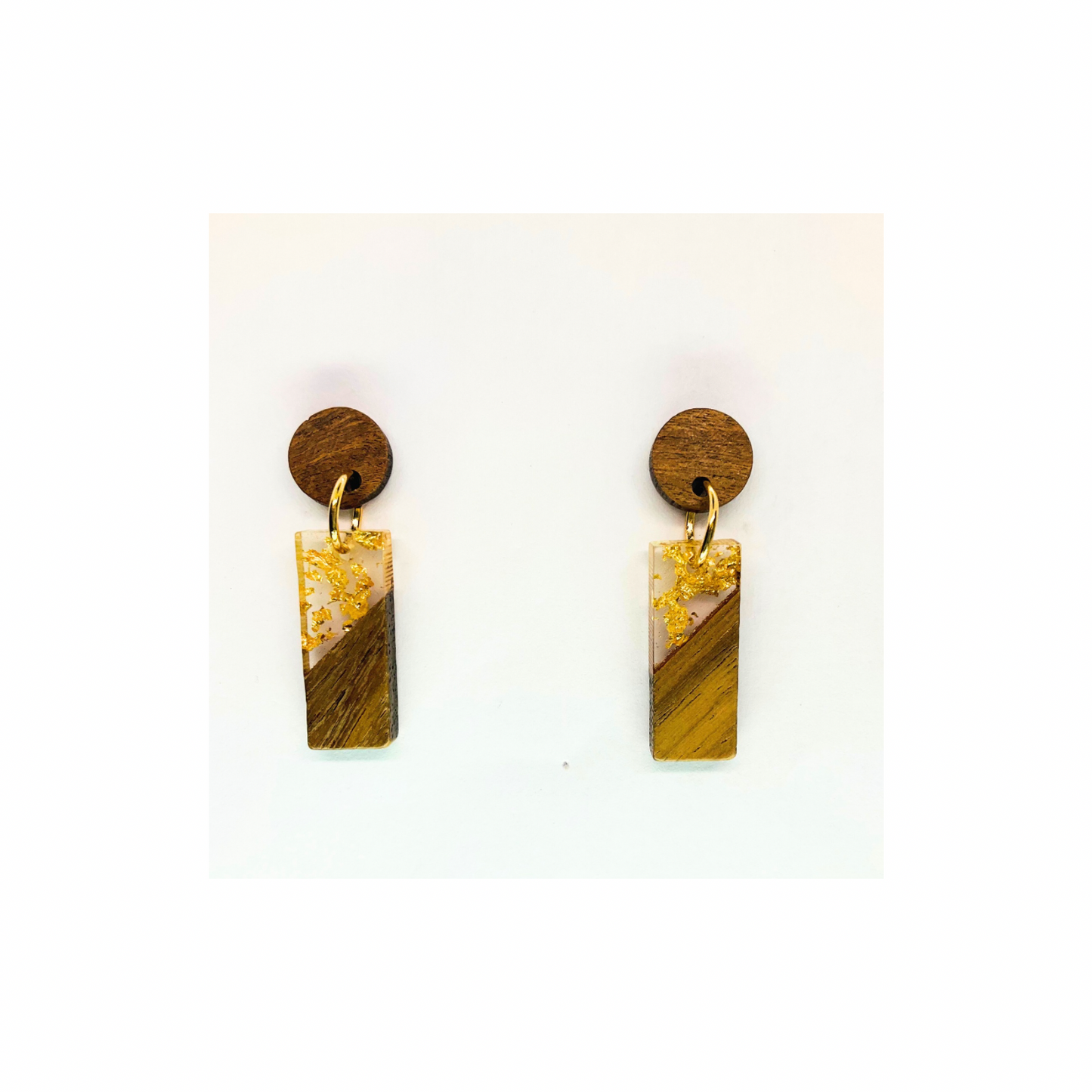 Boho Wood Collection Short Drop Rectangle Stud Earrings with Gold Accents and Wooden Discs