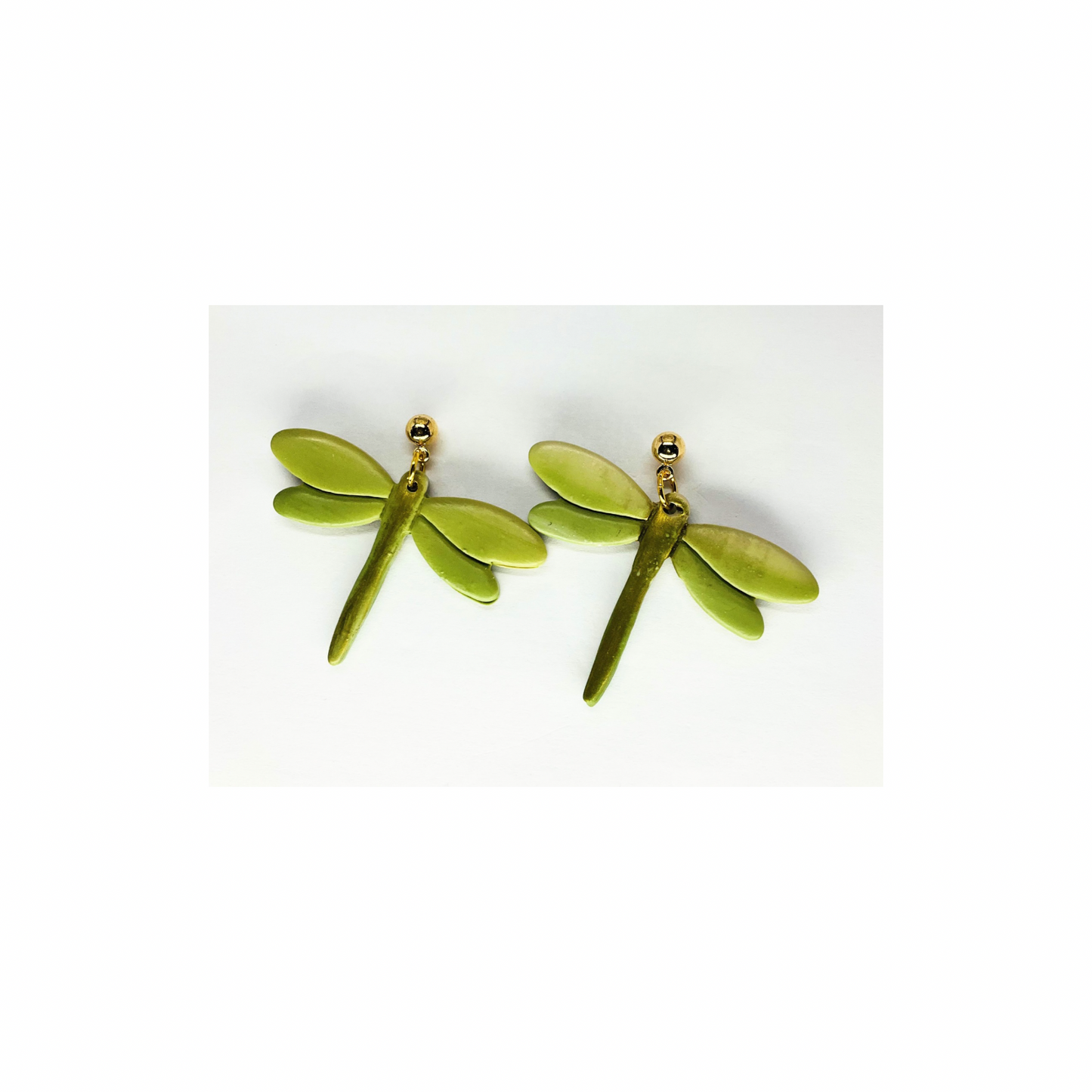Green and Gold Variegated Dragonfly Dangle with Gold Ball Stud Earrings-Crafting By BB