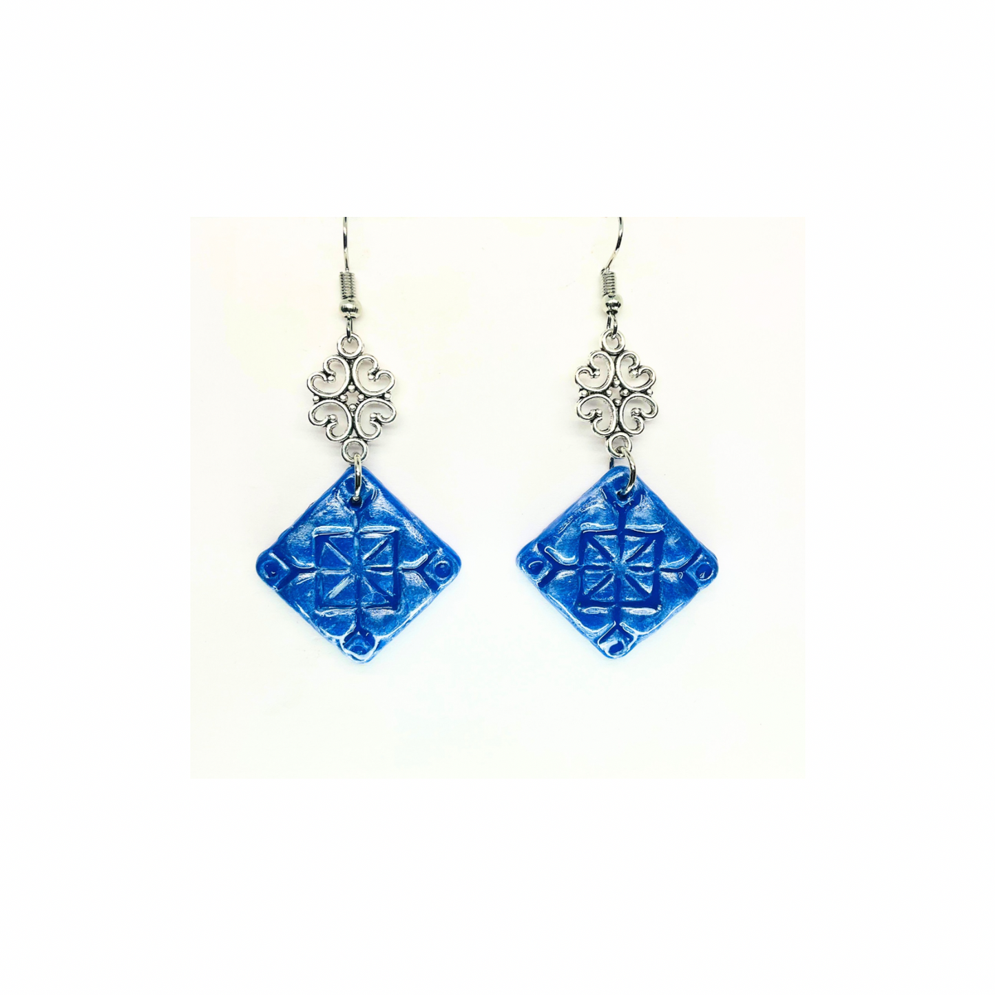 Blue Tile 130 with Silver Charm Dangle Earrings - Blue Square Design & Silver Charm Accents