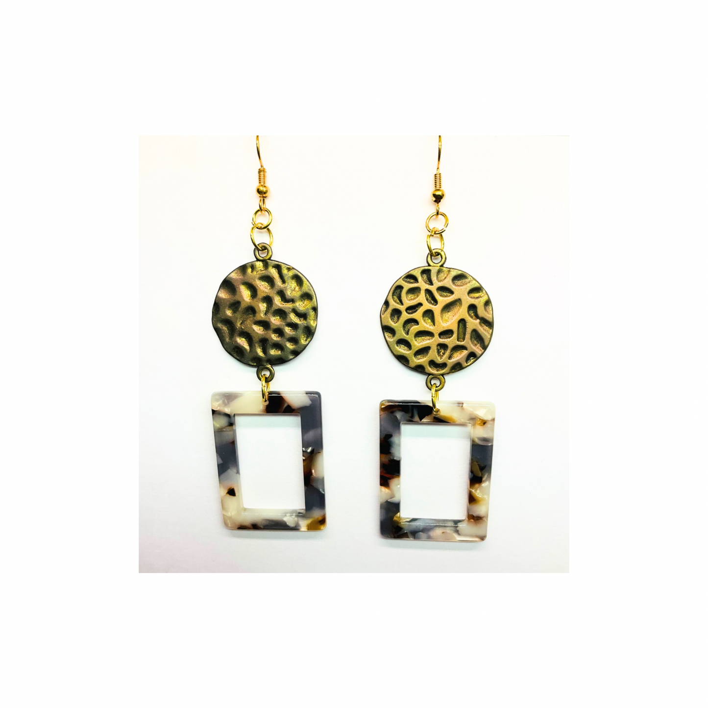 Tortoise Collection Brown Earrings with Gold Tarnished Hammered Circle