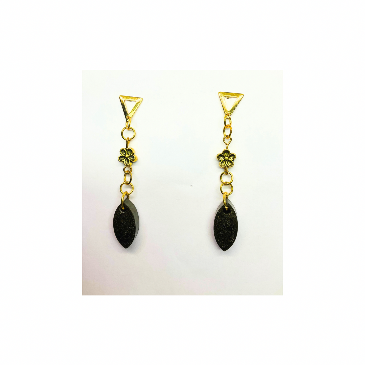 Dark Green Teardrop Stud Dangle Earrings with Gold Flower
