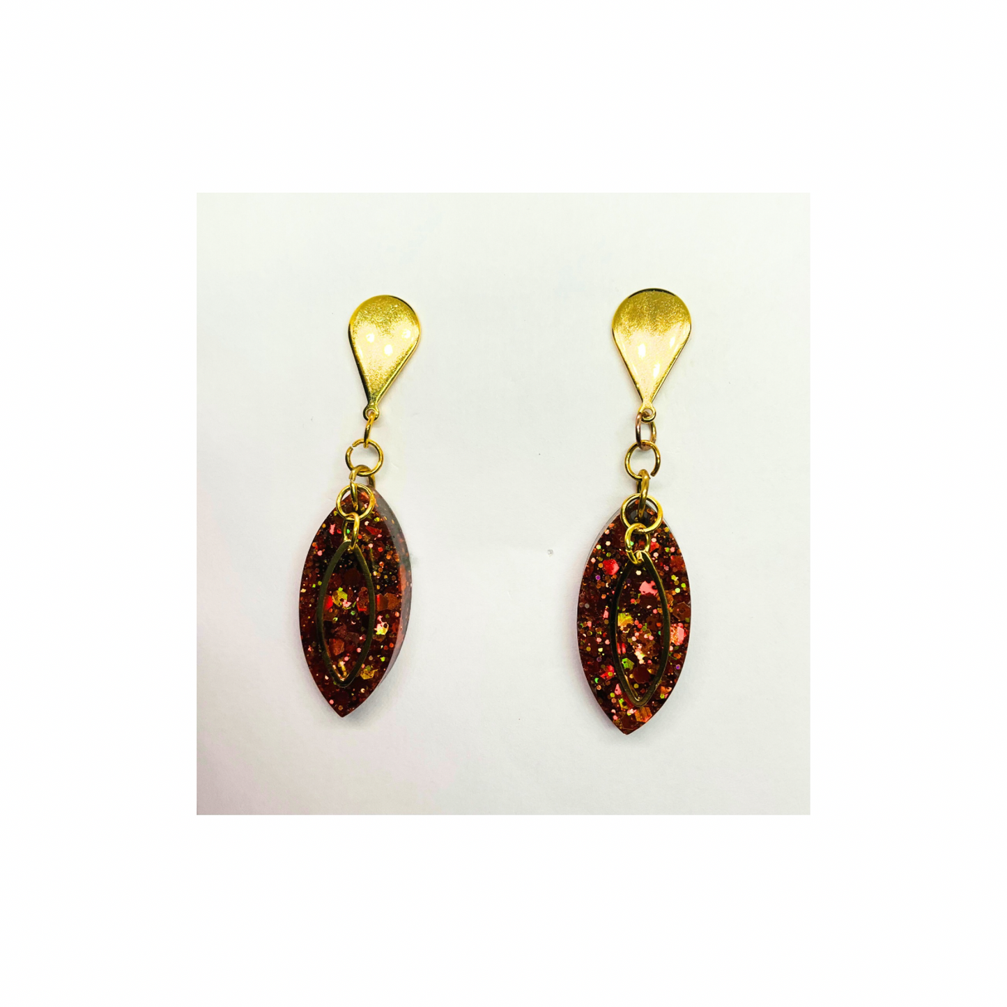 Gold Sparkle Stud Dangle Earrings - Handmade Gold Resin Teardrop with Chunky Glitter & Embellishment