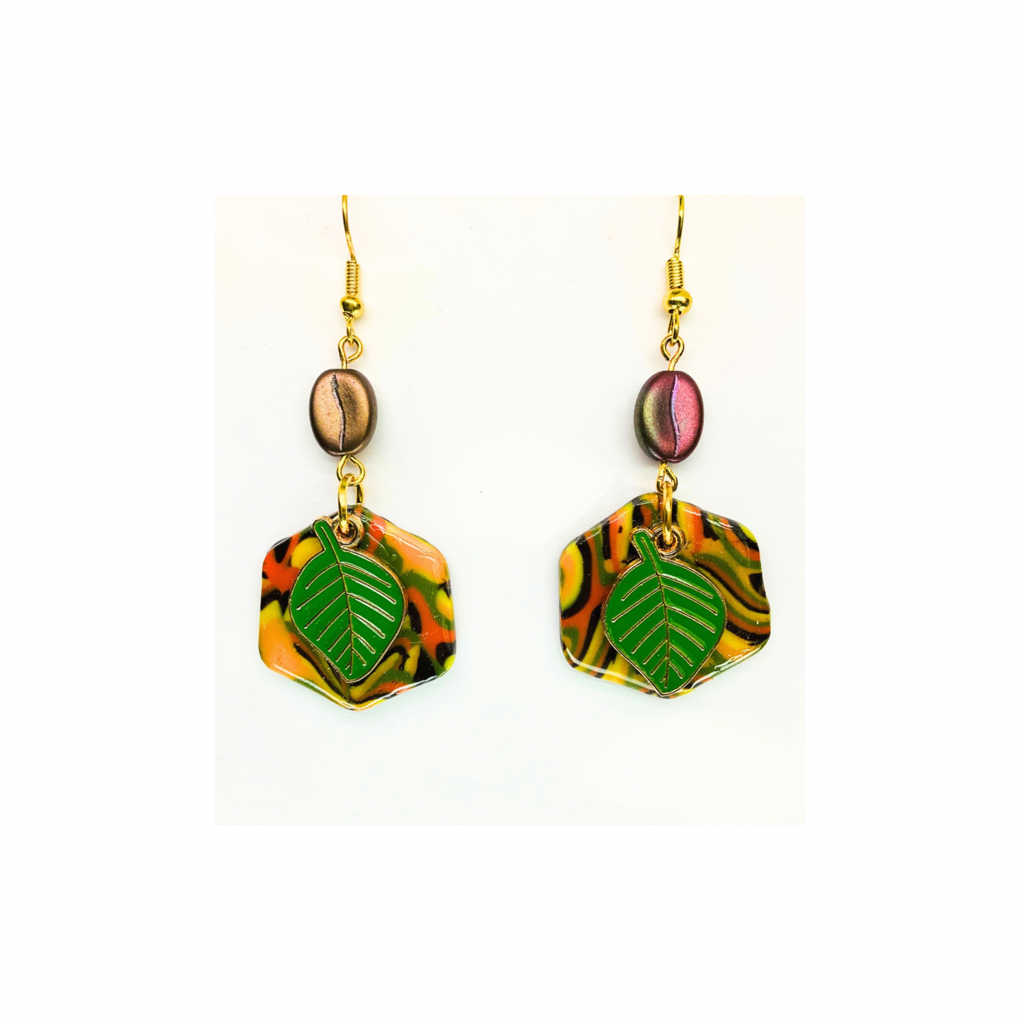 Fall Collection Deep Green Leaf Charm Dangle Earrings with Colorful Hexagon Design and Gold Hooks