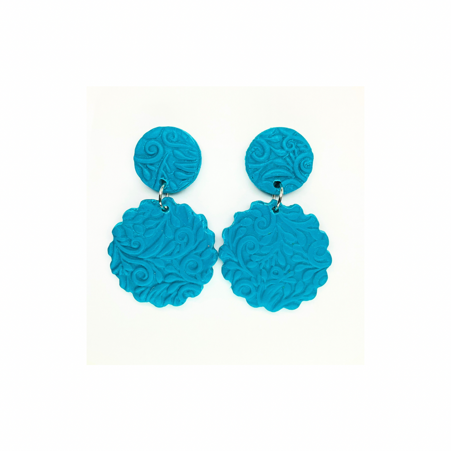 Crystal Teal Textured Circle Stud Dangle Earrings with Intricate Floral Design for Women's Fashion