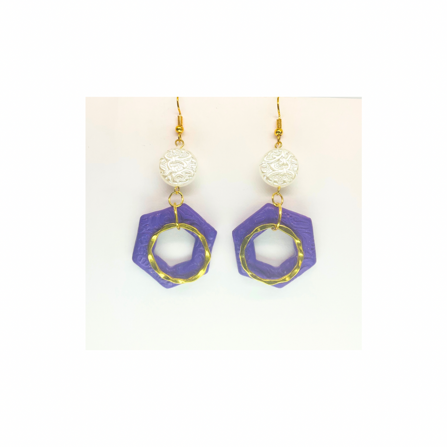 Deep Purple Hexagon and Gold with Pearl Bead Dangle Earring - Unique Design Earrings with Geometric Shapes