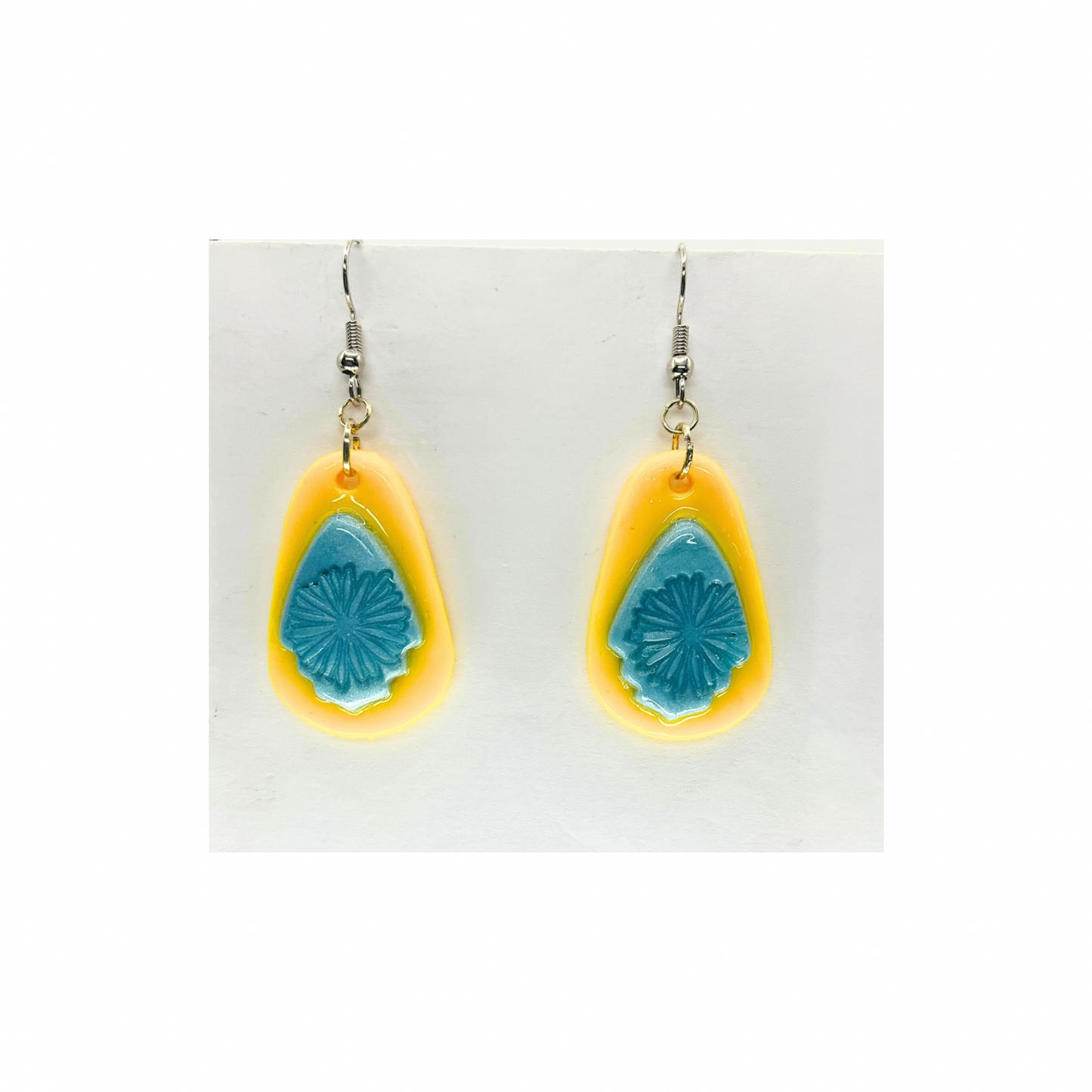 Yellow and Blue Dangle Earring Handmade Polymer Clay with UV Resin and Silver Ear Wire Unique Layered Design