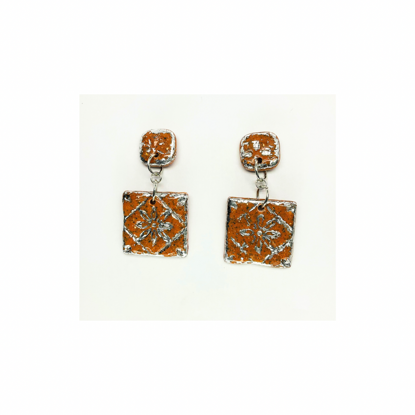 Terracotta Tile Stud with Silver Accents Dangle Earrings - Square Design with Intricate Patterns