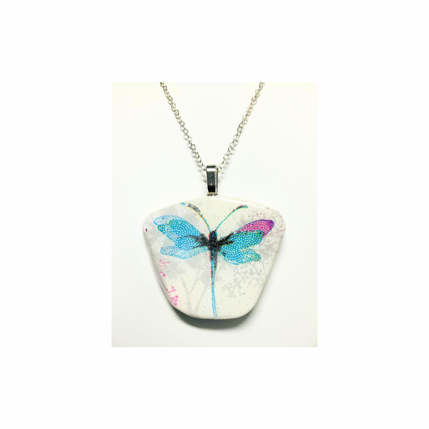 Dragonfly Blue and Pink Pendant Necklace 18-inch Silver Chain Necklace with Colorful Dragonfly Design