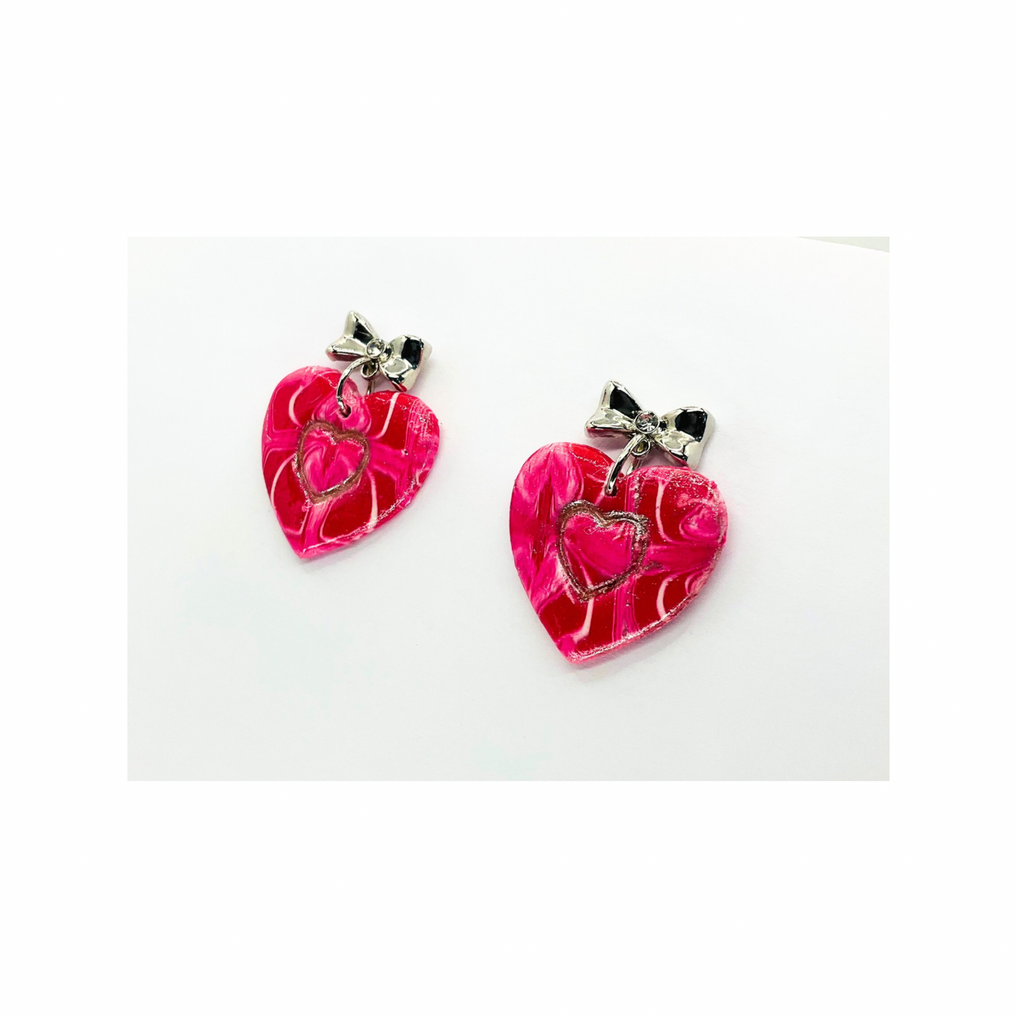 Pink Silver Marble Heart with Bow Stud Earrings