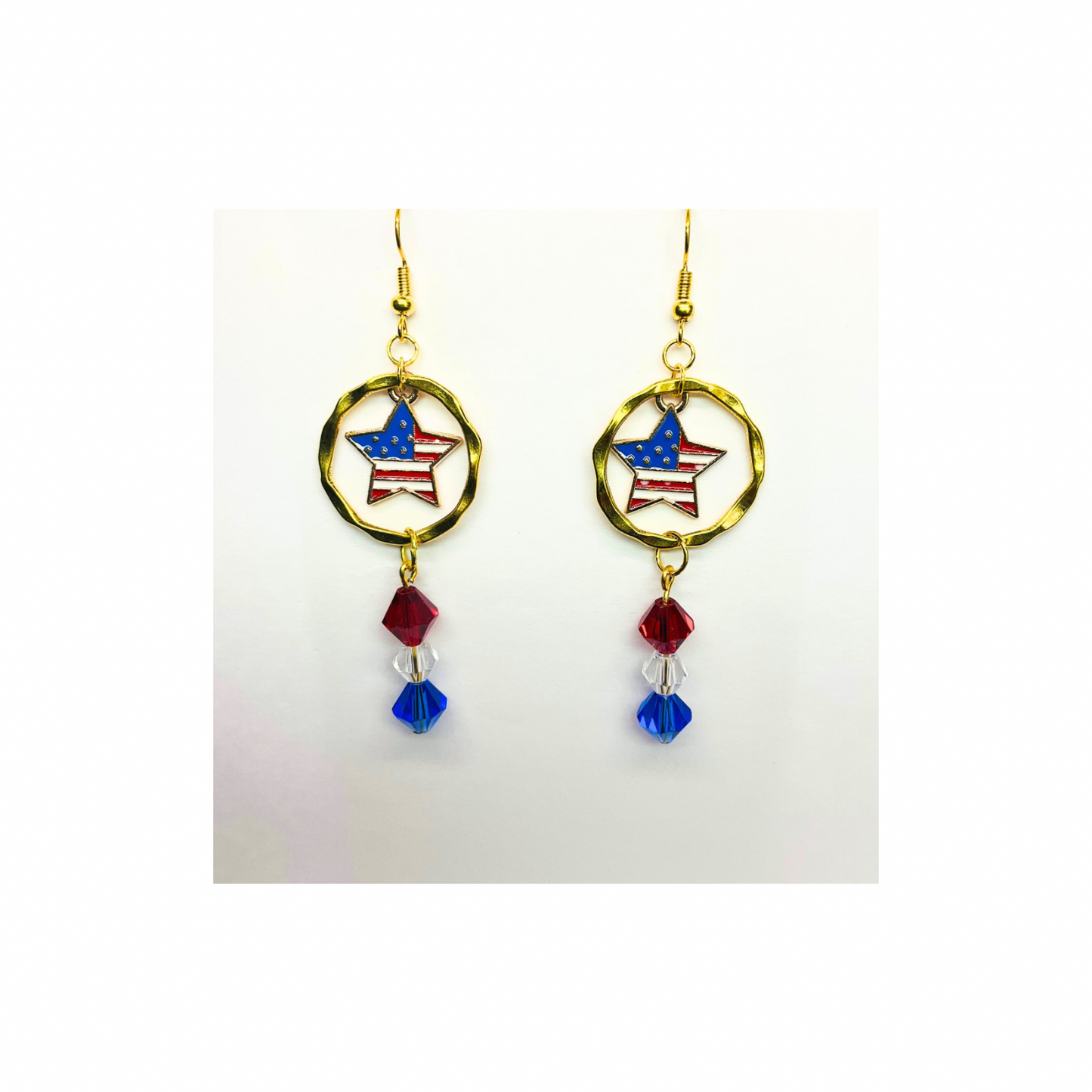 Patriotic Collection Star Flag Charm with Bead Dangle Earrings for Women - Patriotic Accessory with Red Blue & Clear Bead