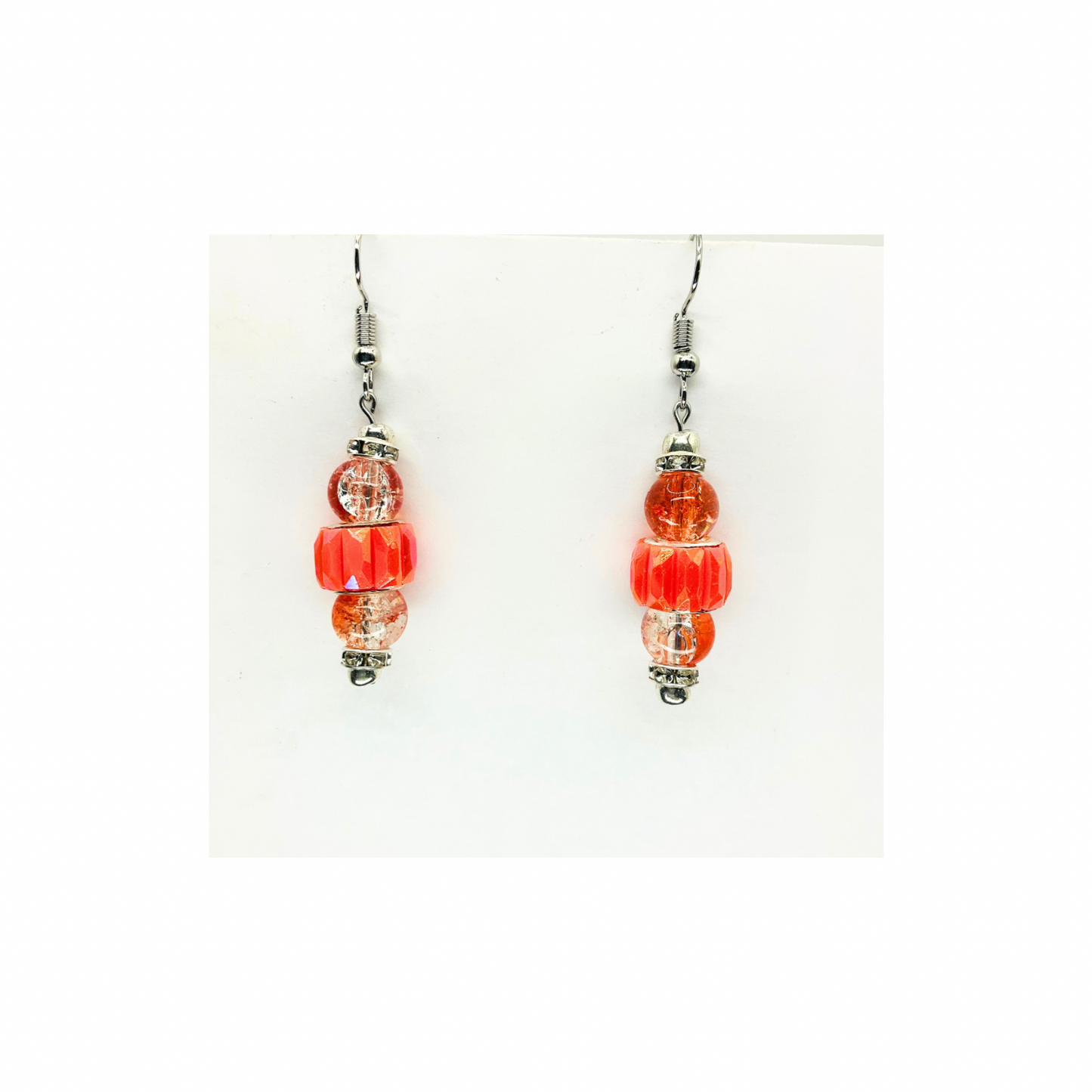 Vibrant Peach Orange Beaded Dangle with Crystal & Silver