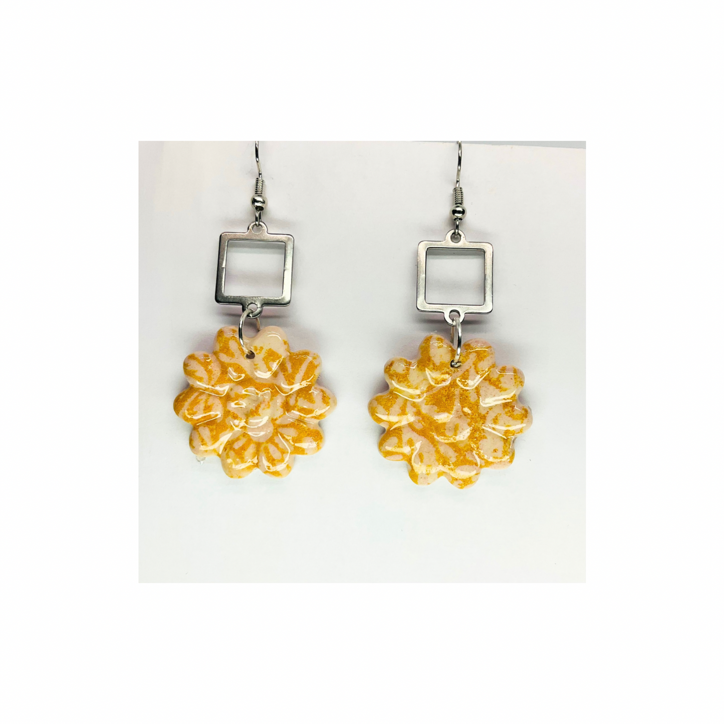 Beach Bloom Collection with Silver Embellishment Dangle Earrings featuring Yellow Floral Design and Square Charms