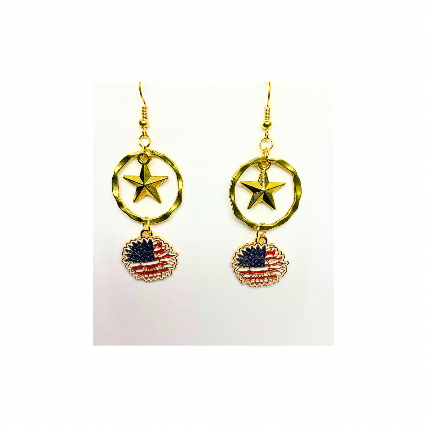 Patriotic Collection Sunflower Charm with Gold Star Dangle Earrings Featuring American Flag Design