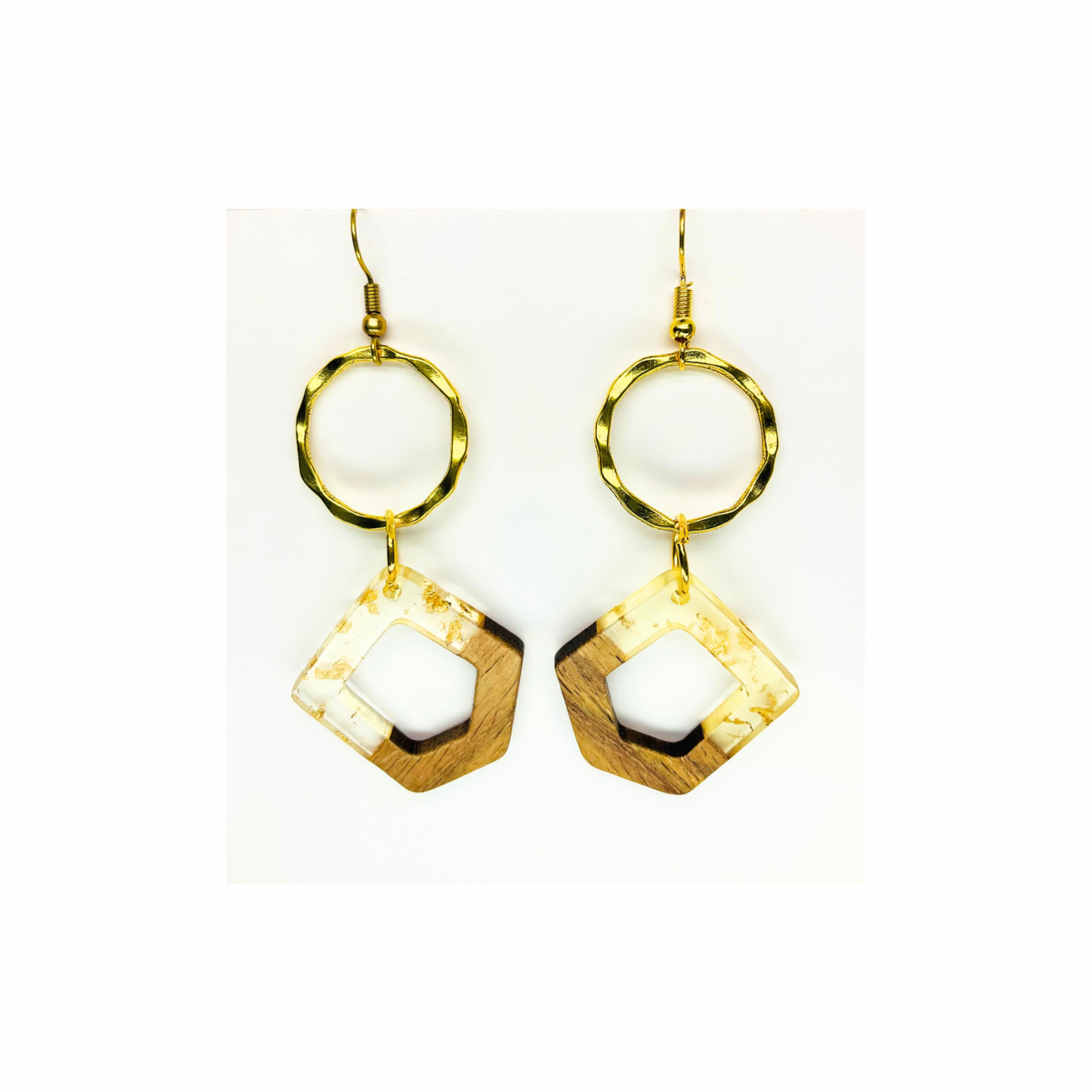 Boho Wood Collection Dangle Earrings - Gold-Tone Geometric Design with Circular Hoops and Square Pendants