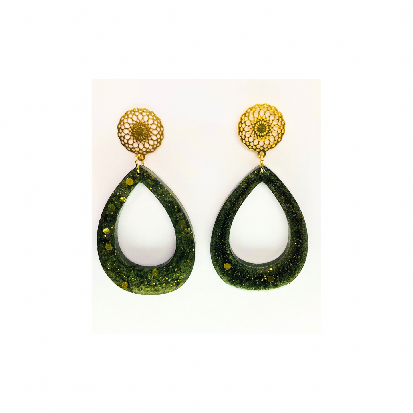 Hunter Green and Gold Sparkle Teardrop with Gold Filigree Stud Earrings - Elegant Teardrop Shape & Intricate Filigree Design