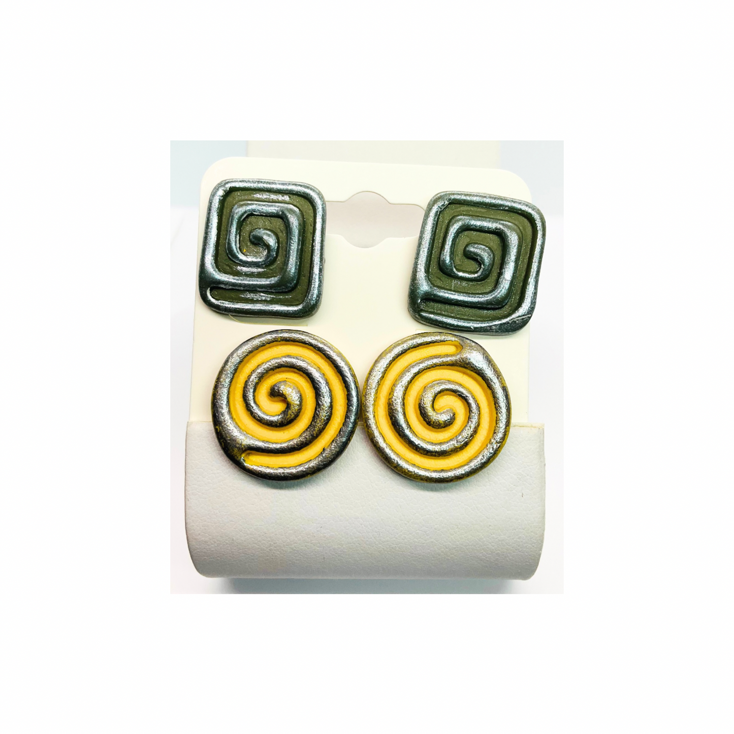 Swirl Stud Earrings in Army Green and Yellow with Silver Accents