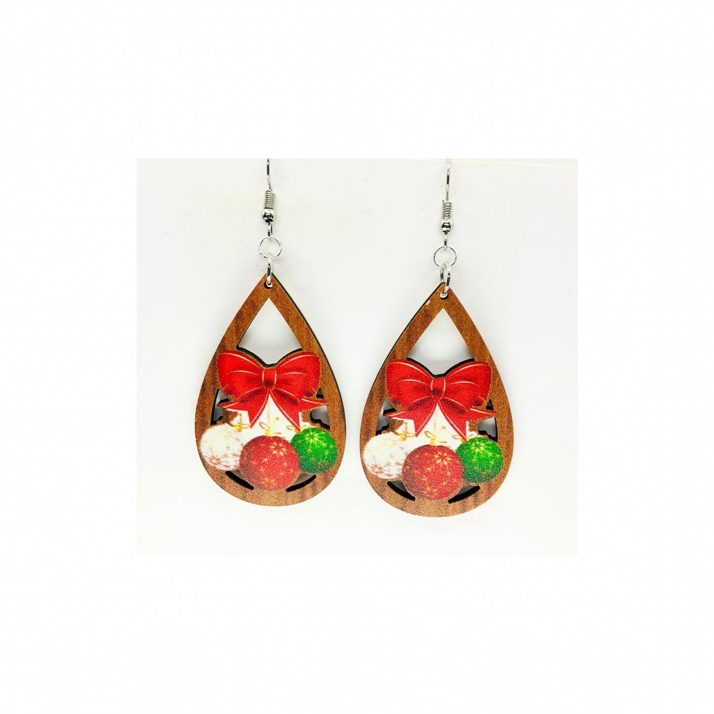Christmas Wood Teardrop Earrings with Ornaments and Red Bow Dangle for Festive Wear