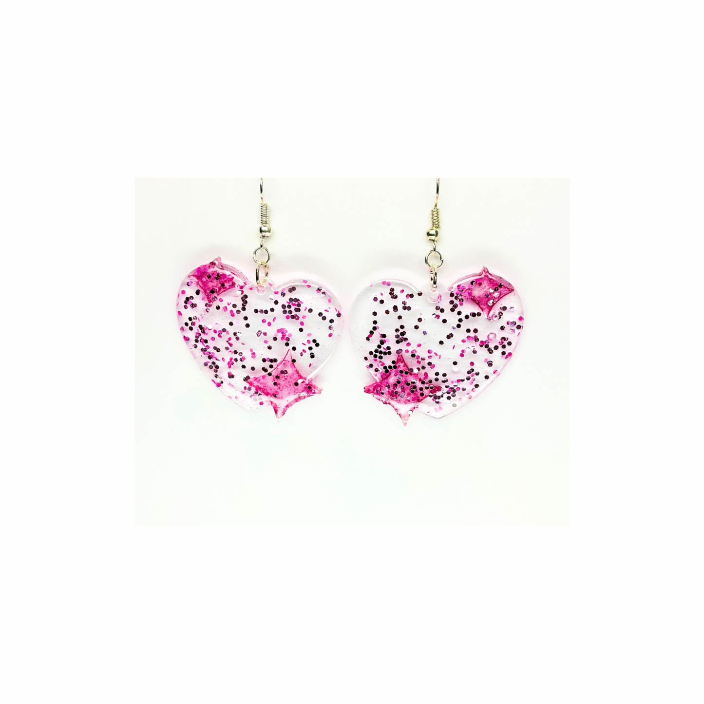 Pink Sparkle Heart Earrings Dangle Style with Pink Glitter & Silver Hook Carrier Unique Handcrafted Jewelry
