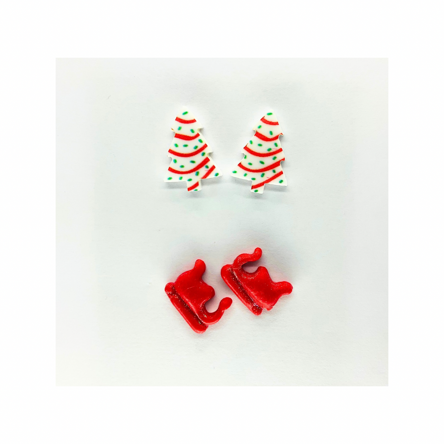 Debbie Cake Tree and Red Sleigh Stud Earrings Festive Christmas Design for Holiday Wear