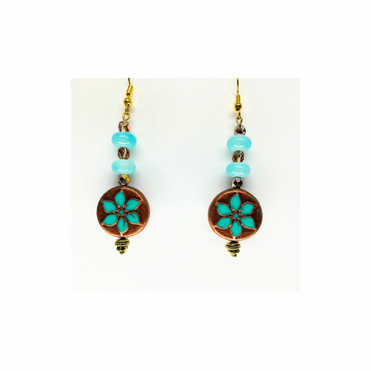 Dangle Earrings Bronze Round Blue Flower with Bead Accent
