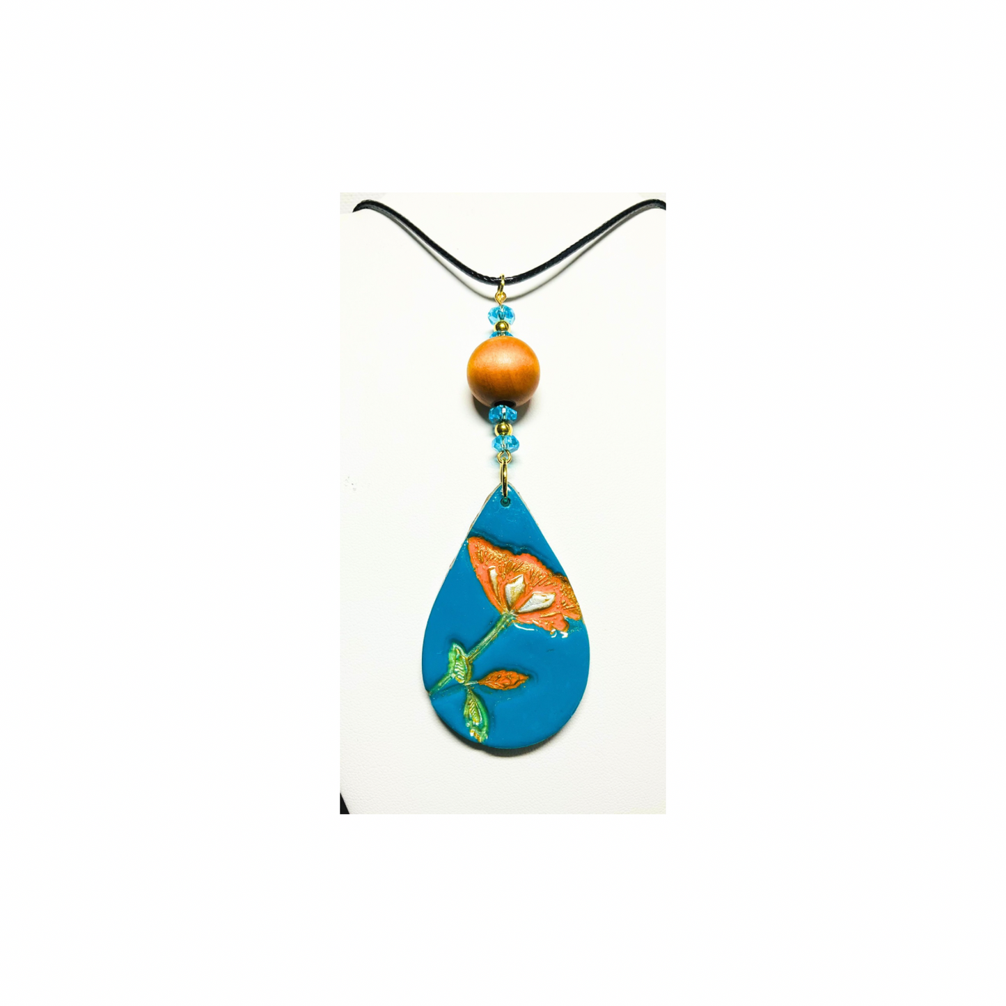 Turquoise Blue with Orange Flower Teardrop Pendant 18-inch Necklace - Unique Design Jewelry Piece