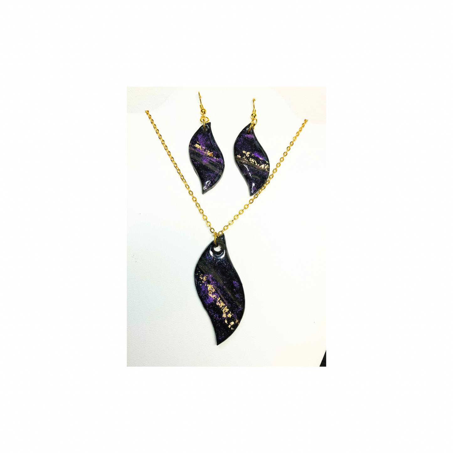 Purple Swirl Earring Set Handcrafted Polymer Clay Pendant & Earrings Gold Leaf Accents