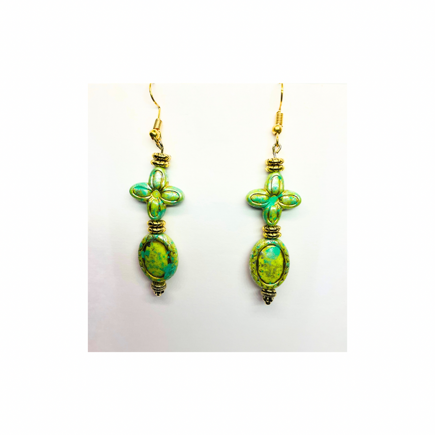 Green and Gold Czech Acrylic Vintage Blossom Bead Earrings