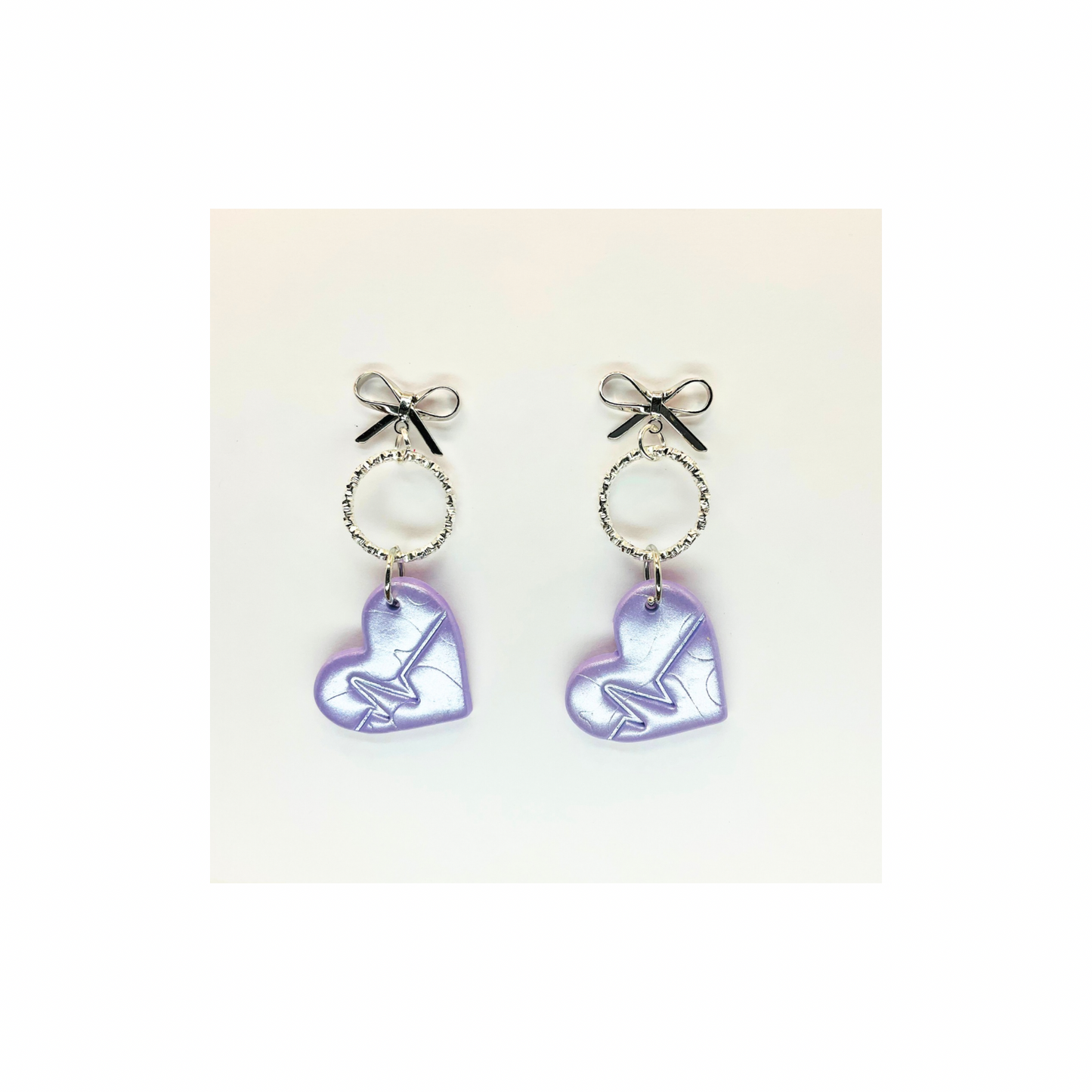 Light Purple Iridescent Heart Dangle with Silver Stud Bow Earrings