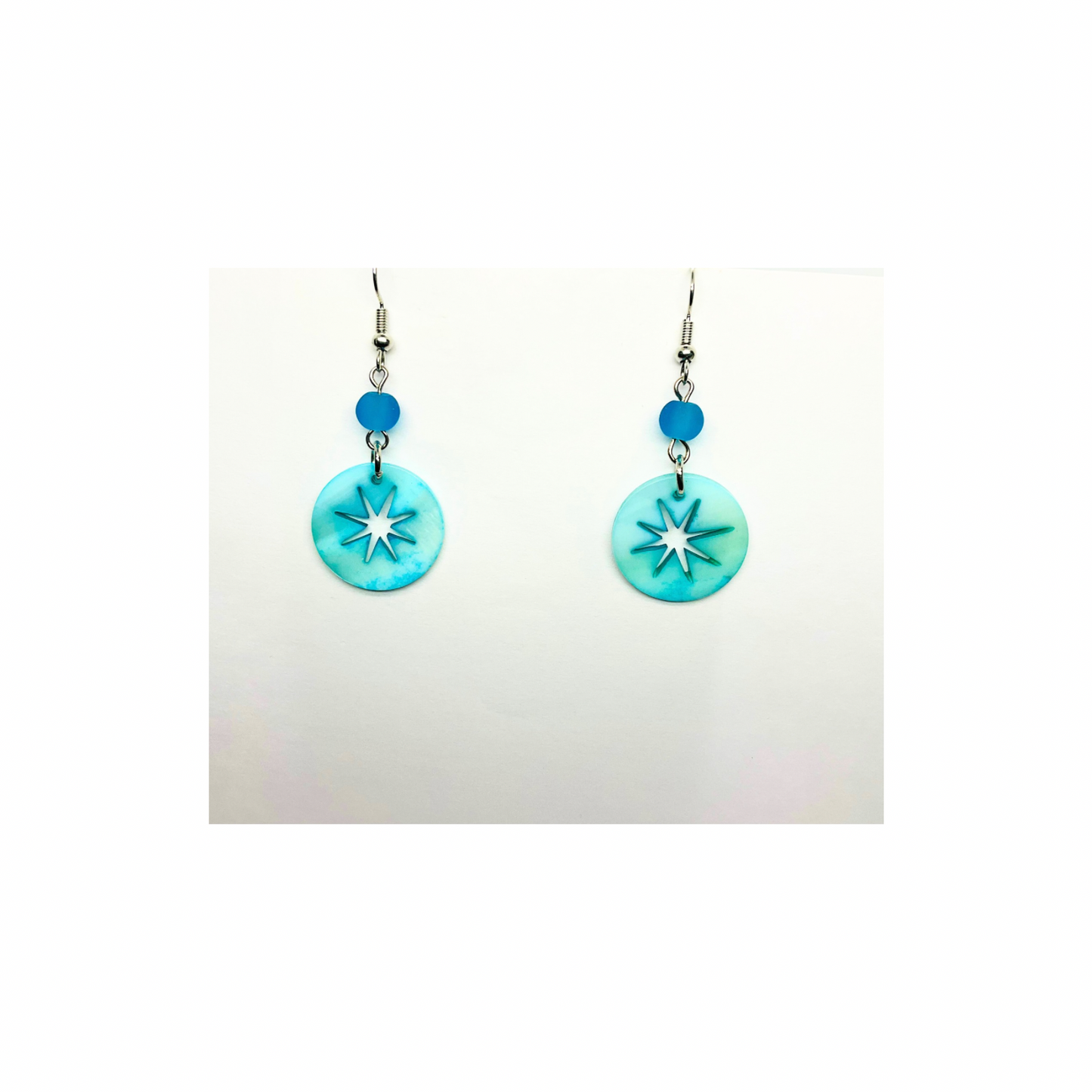 Ocean Collection Flat Round Capiz Star Shell Dangle Earring with Turquoise Color and Blue Accent Bead for Female
