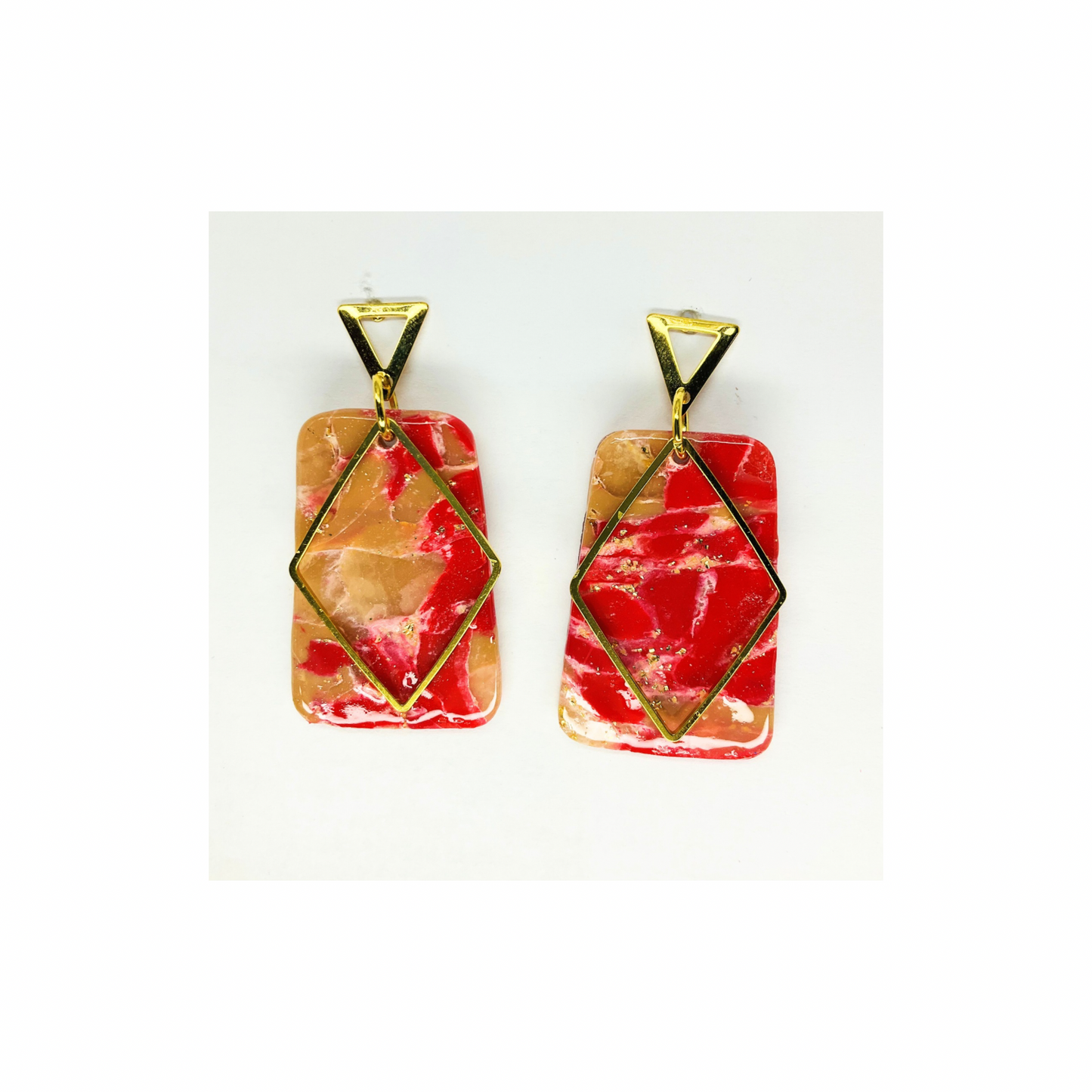 Red and Gold Dangle with Gold Triangle Stud Earrings-Crafting By BB