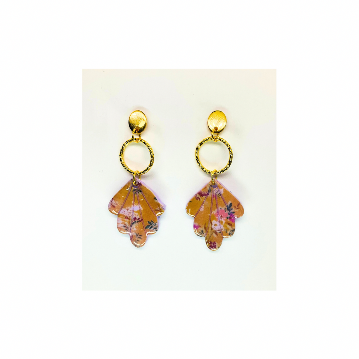 Purple and Beige Dangle with Gold Circle Stud Earrings