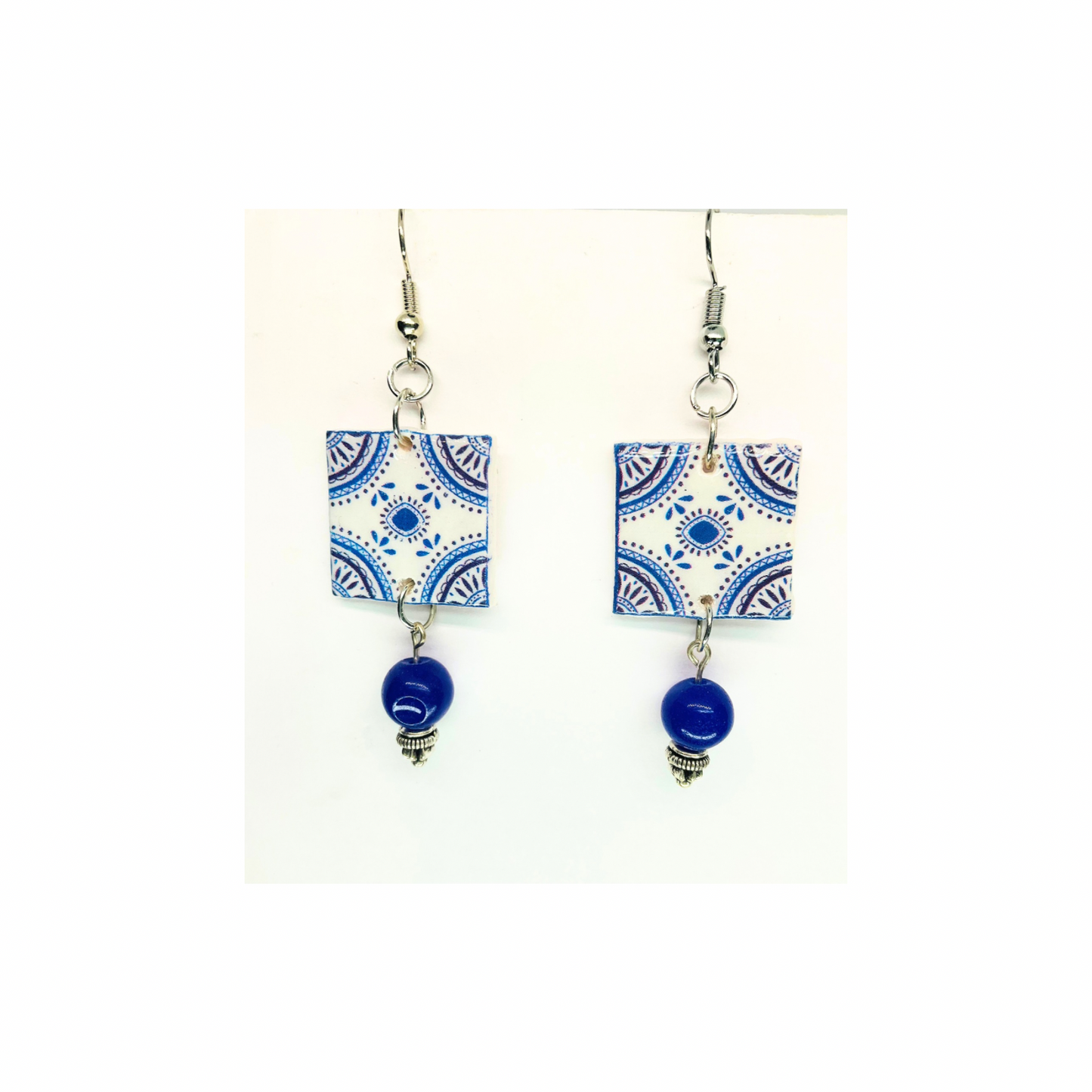 French Garden Collection Blue White Garden Tile Dangle Earring with Blue Bead Accents