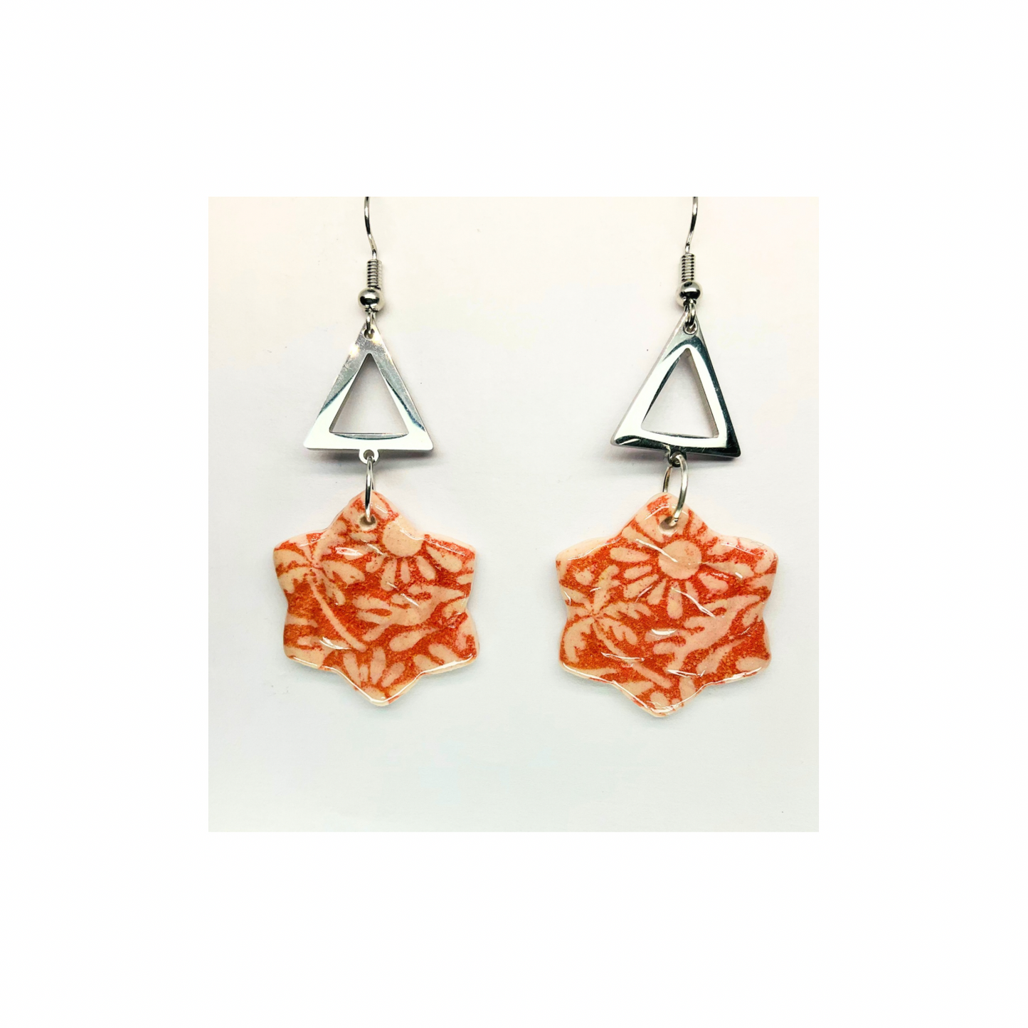 Beach Bloom Collection Salmon Star Shape Dangle Earrings with Orange Floral Design and Silver Triangle Top