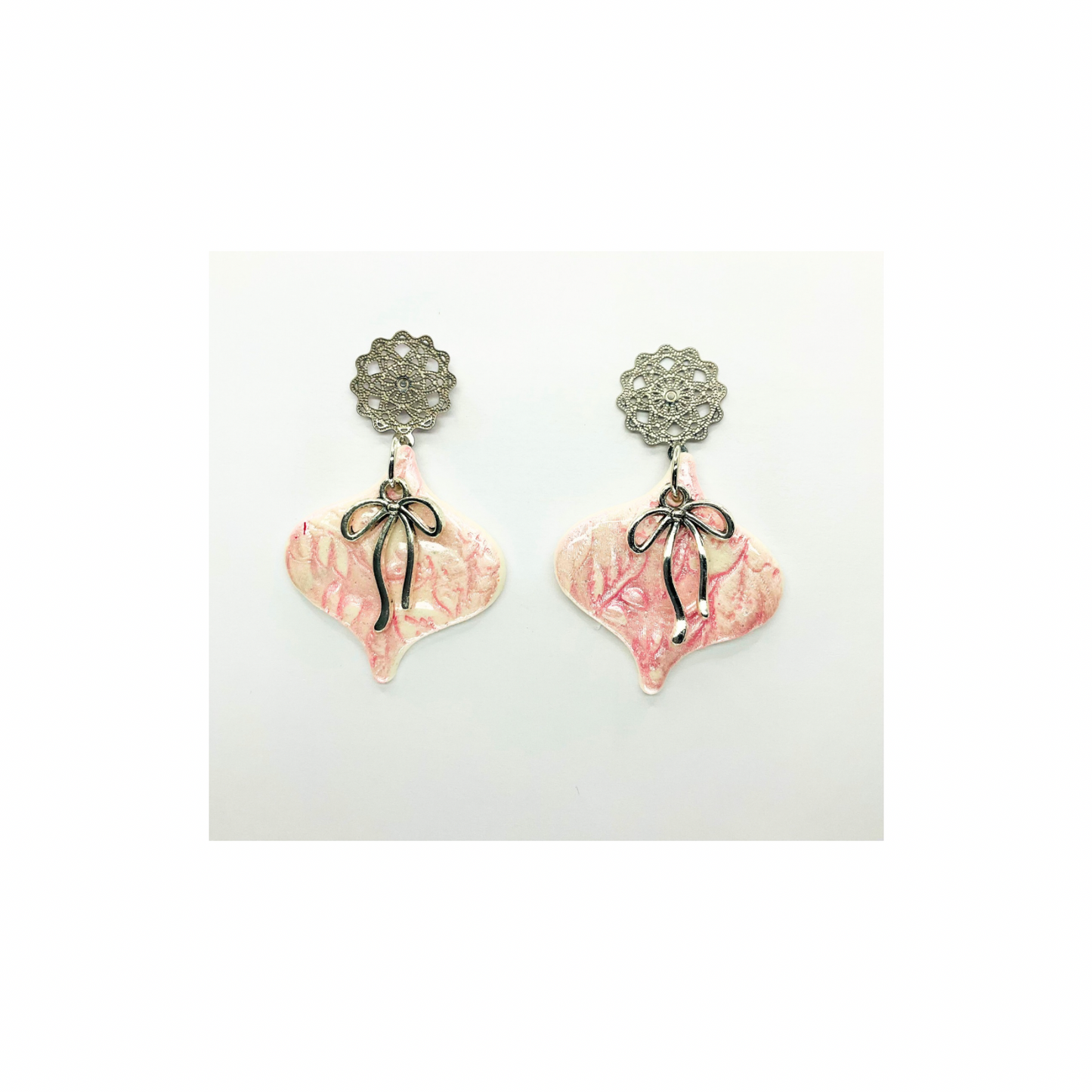White and Pink Ornament with Filigree Silver Stud Dangle Earring for Elegant and Versatile Styling