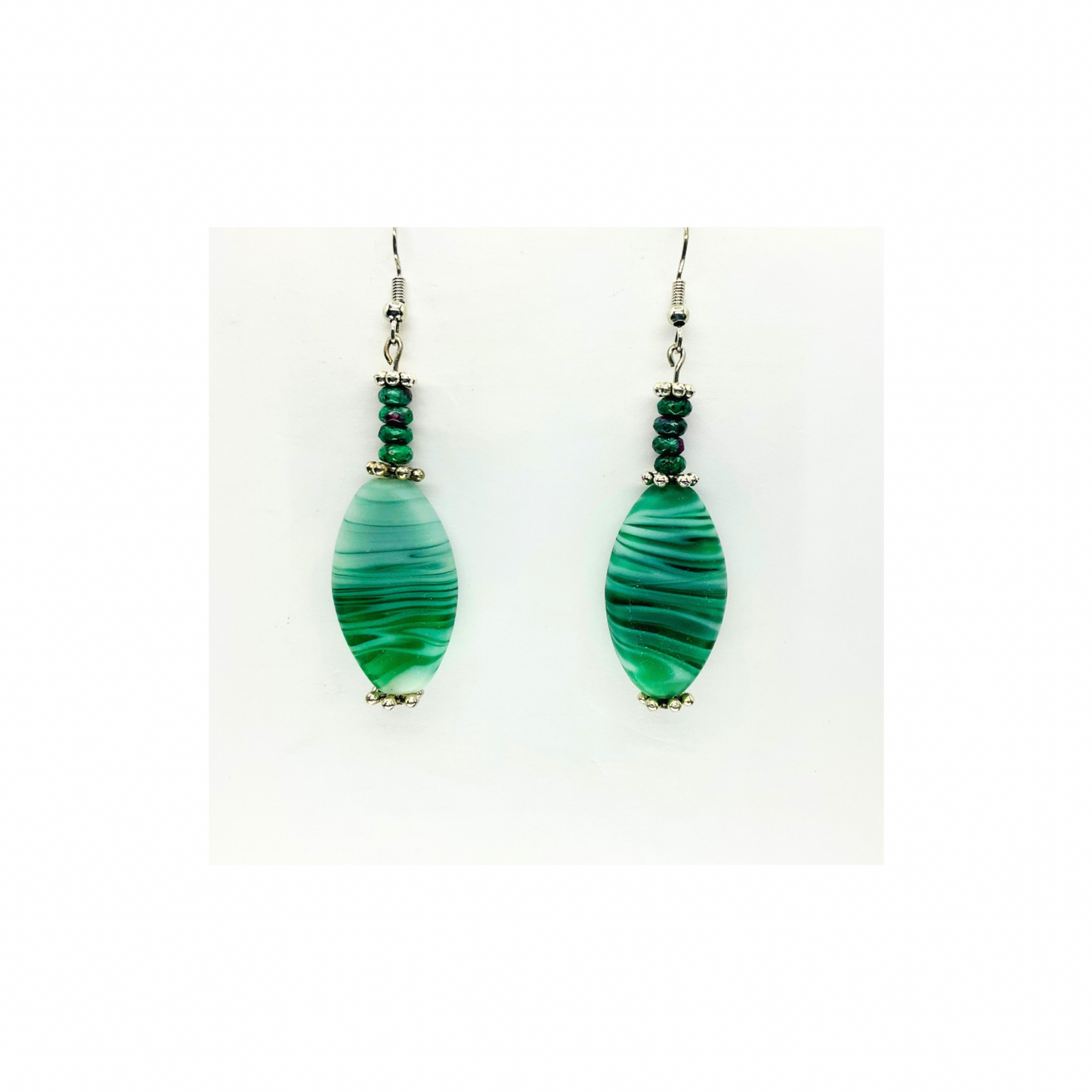 Green Glass Barrel Bead Dangles with Silver Details